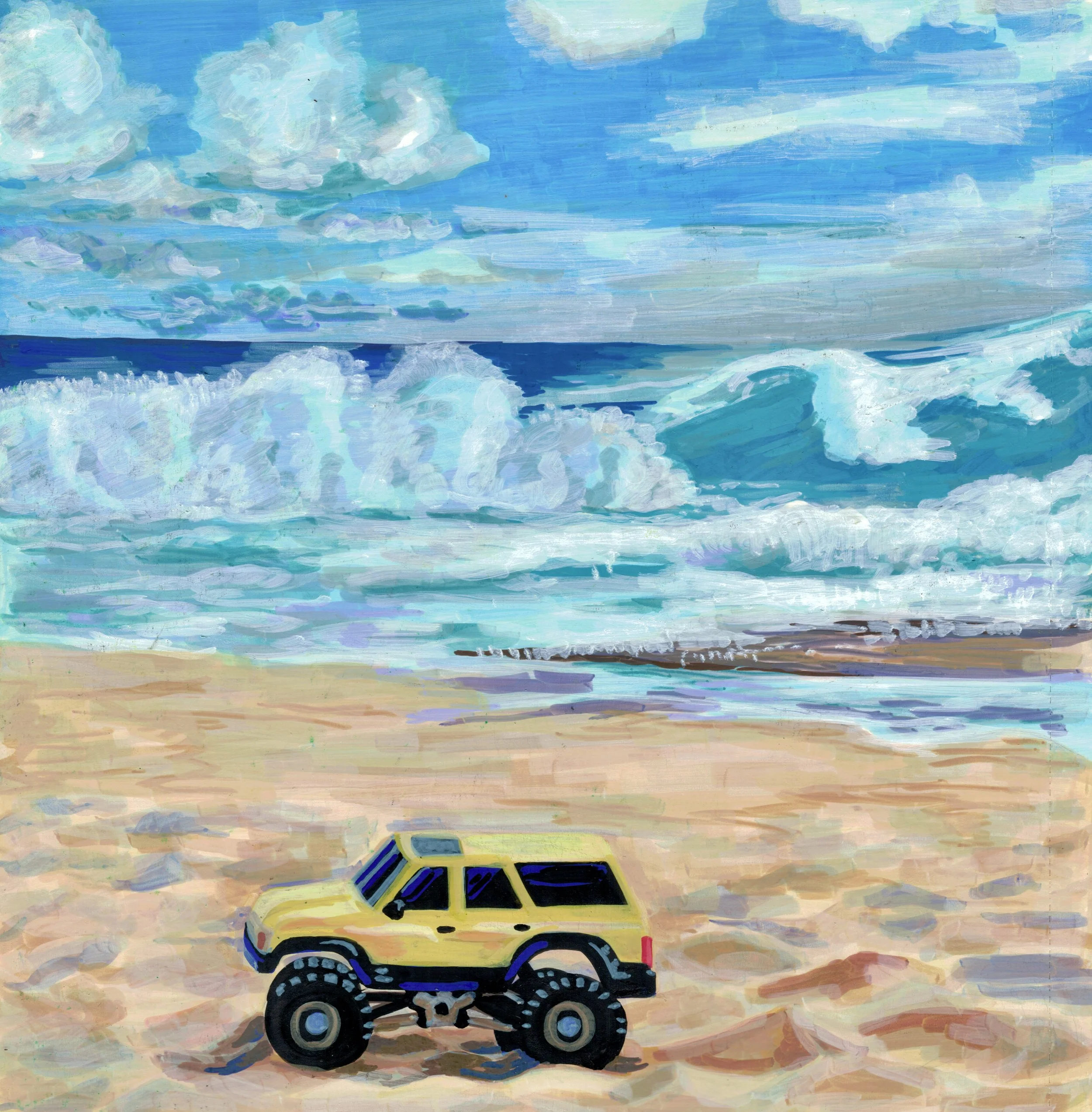 A brightly colored drawing of a yellow SUV with black wheels and blue accents driving across a sandy terrain with sky and clouds in the background.