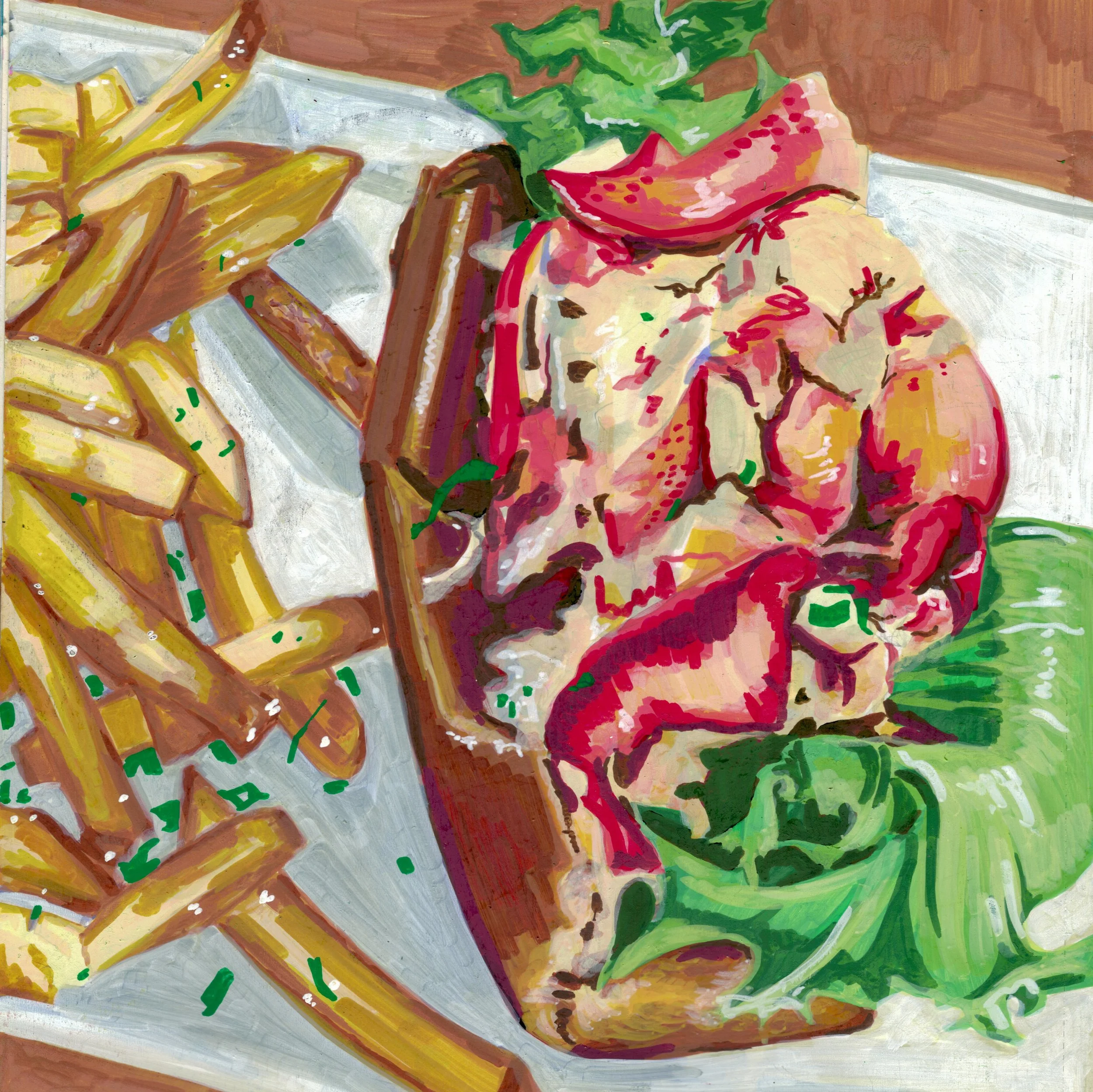A colorful still life painting of bananas with a package of sliced meat or fruit, green leafy vegetables, and other items on a table.