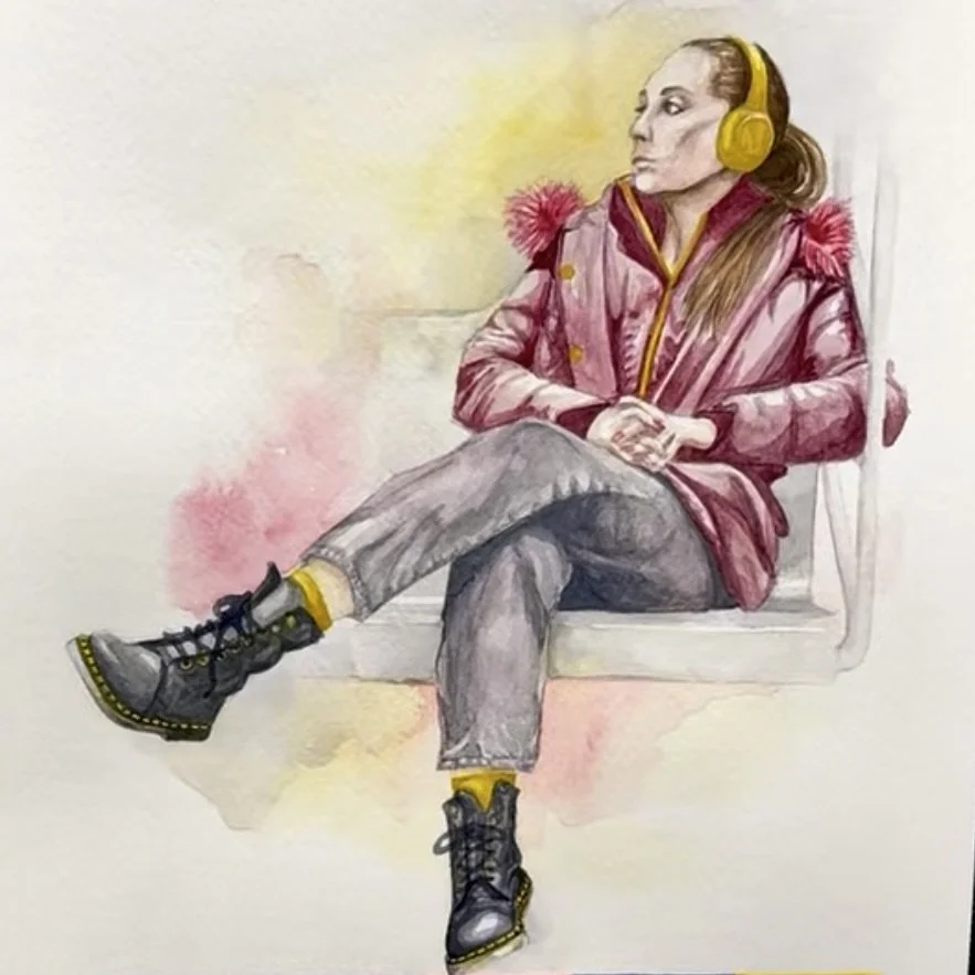 Watercolor painting of a woman sitting on a bench, wearing headphones, a pink jacket with fur trim, gray pants, and black boots with yellow socks. She is looking to her right.