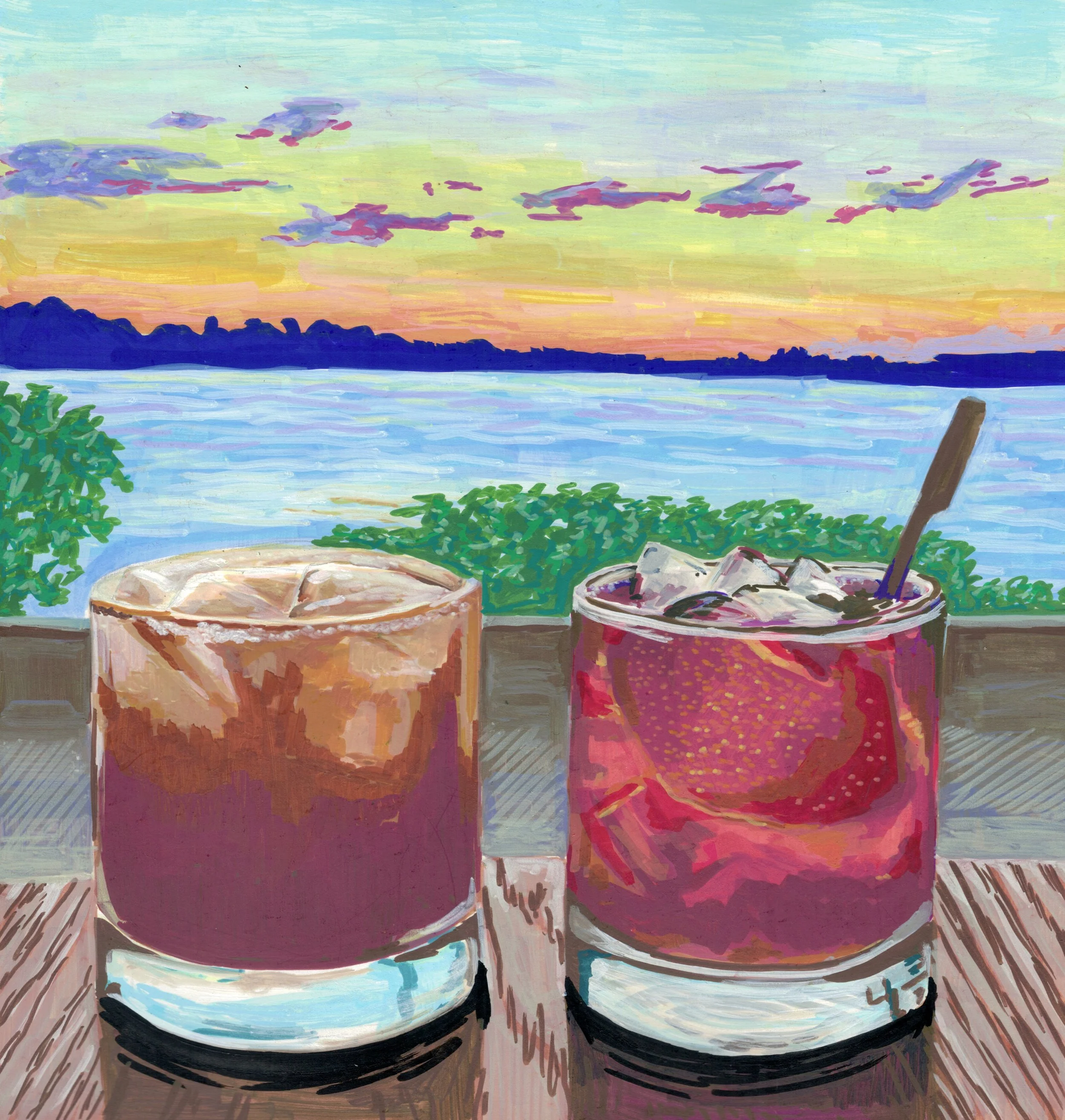 Painting of two glasses of wine on a wooden table, with a sunset sky in the background. The sky features soft pastel colors with pink, yellow, and blue hues, with a few clouds, and distant hills or mountains.