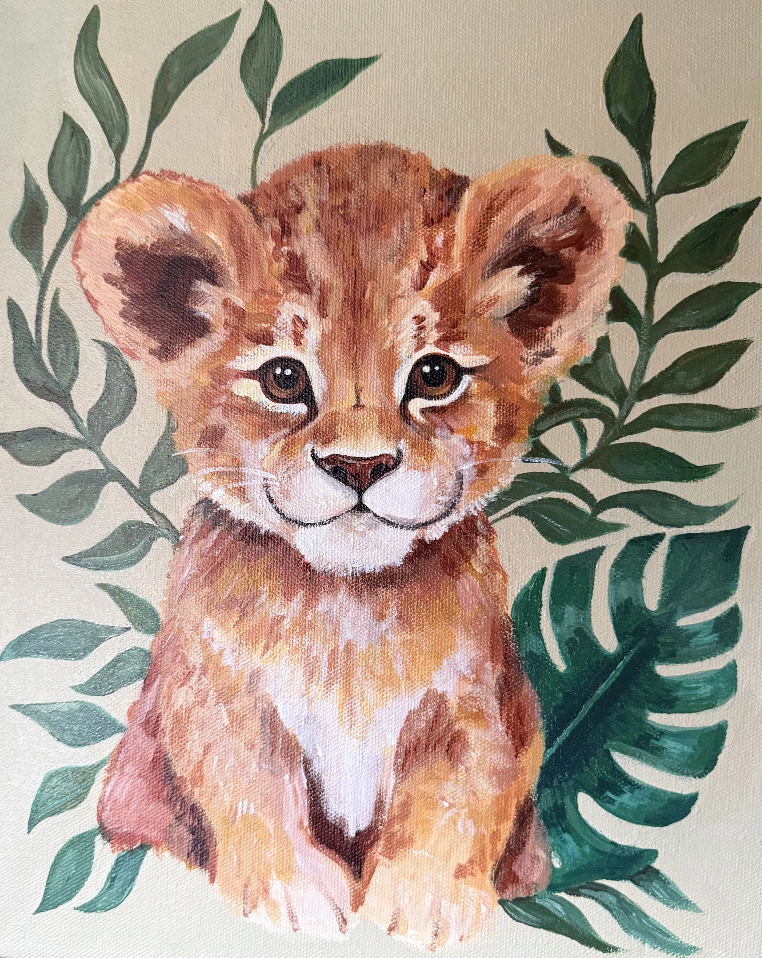 Painting of a fox with realistic eyes surrounded by green leafy branches.