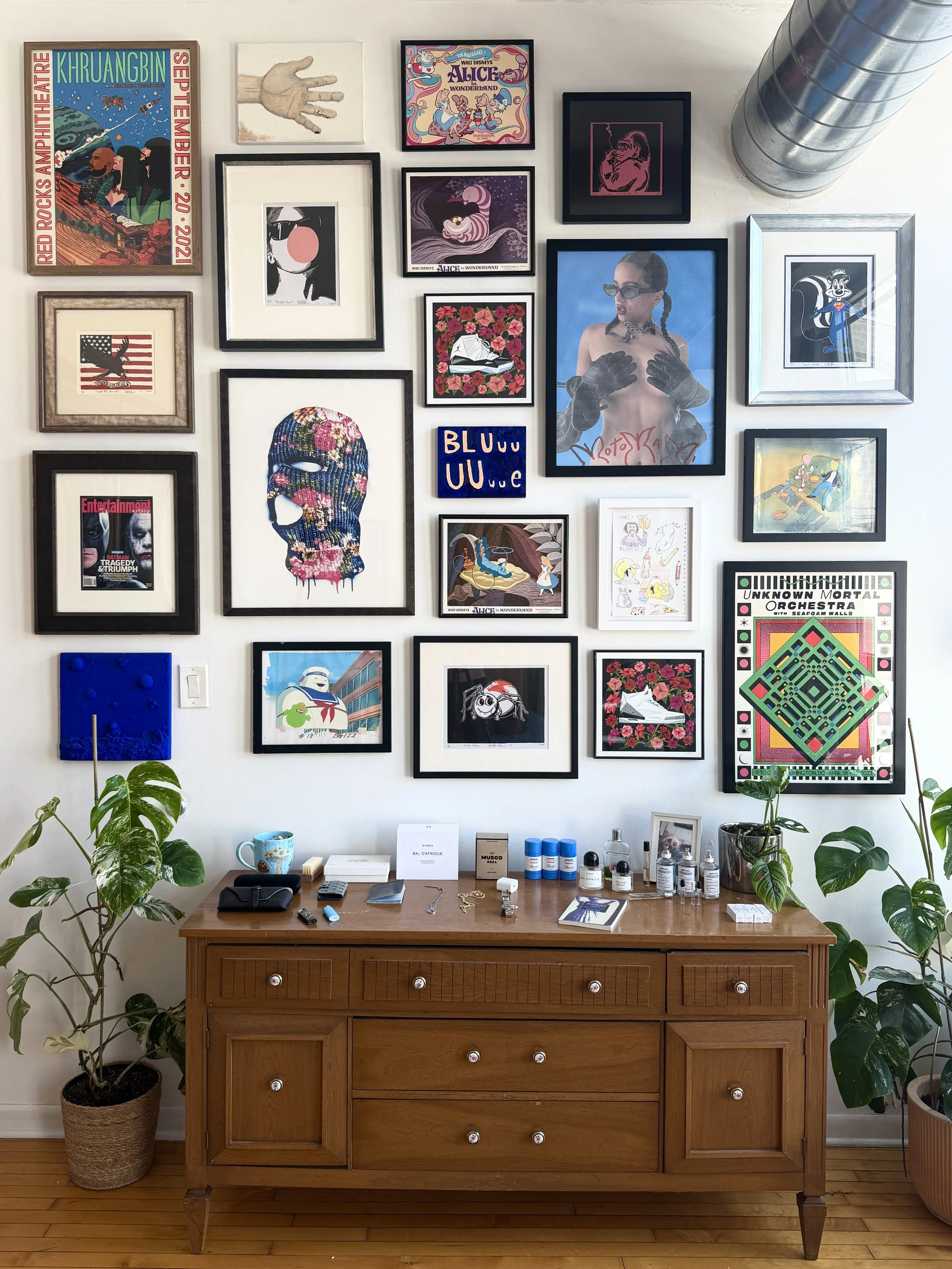 A wooden dresser with various items on top, including a blue mug, books, skincare products, and a framed photograph. Two potted plants with large green leaves are on either side. The wall above the dresser is decorated with numerous framed artwork an