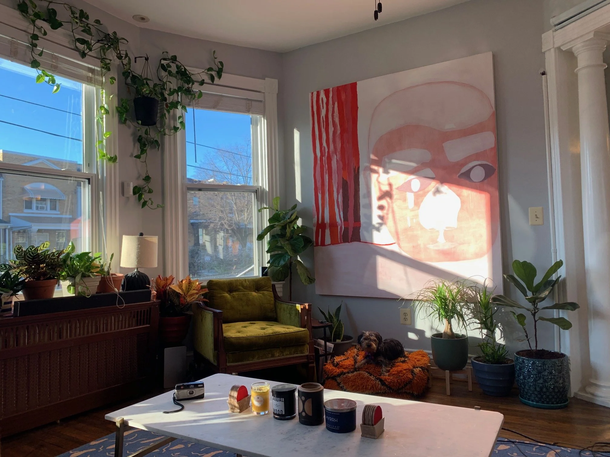 A cozy living room with large windows, plants, a green vintage armchair, a dog on an orange furry rug, and a large abstract portrait on the wall. Sunlight streams through the windows onto various furniture and decor.