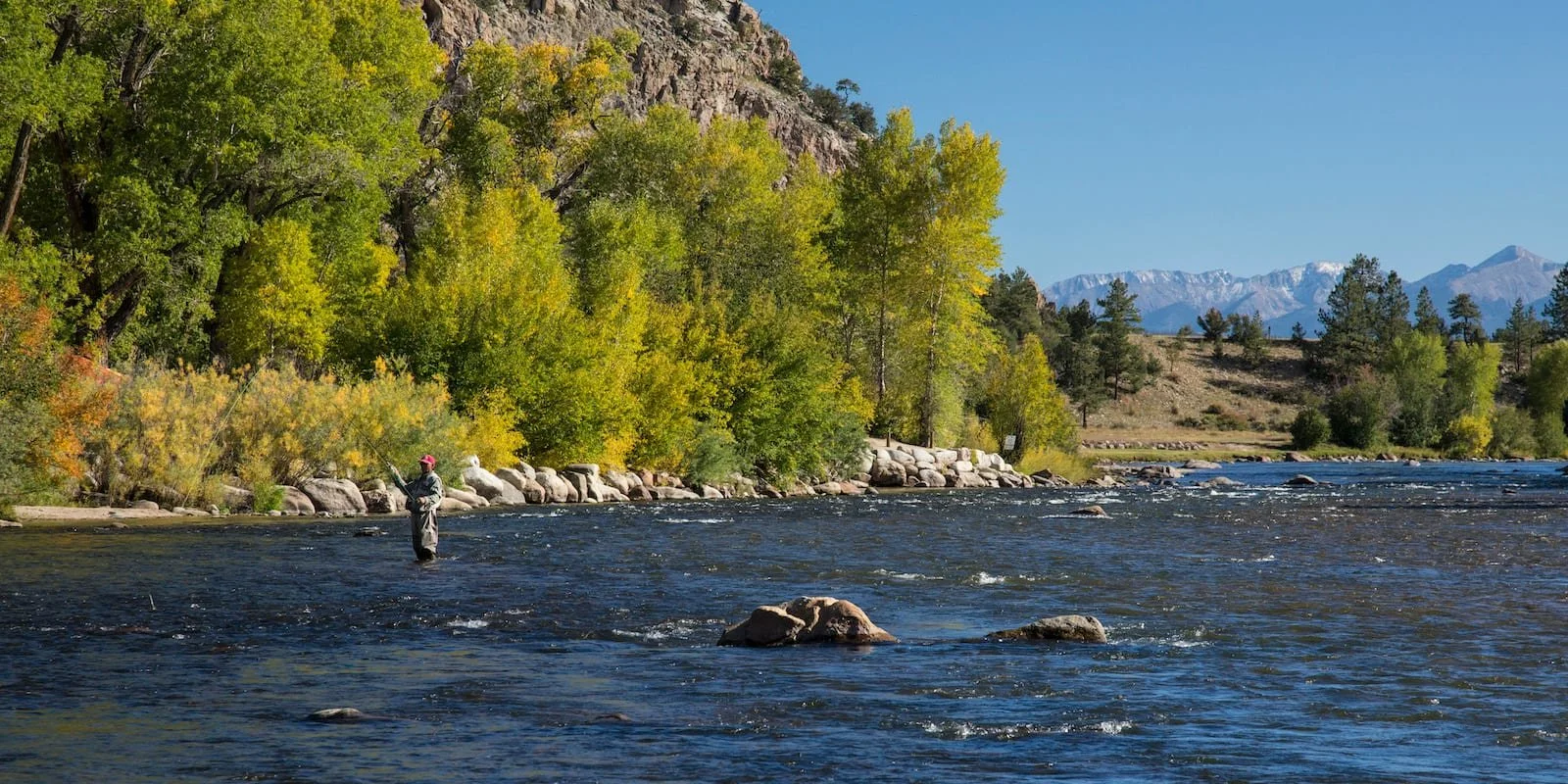 A person fly fishing in a river during daytime with trees on the riverbank and mountains in the background.