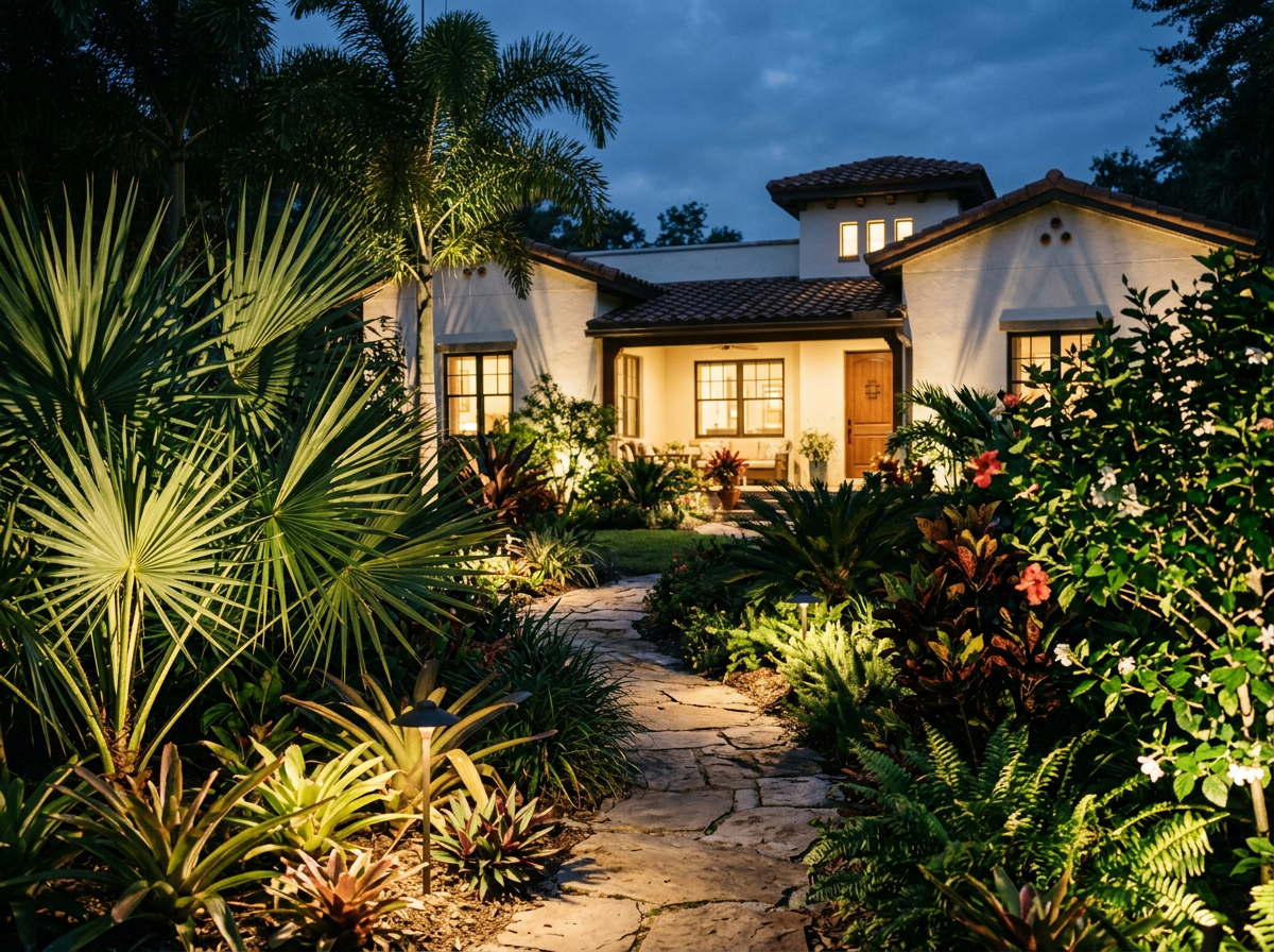 Nighttime view of a house with a lit porch, surrounded by lush tropical plants and garden lighting along a stone pathway.