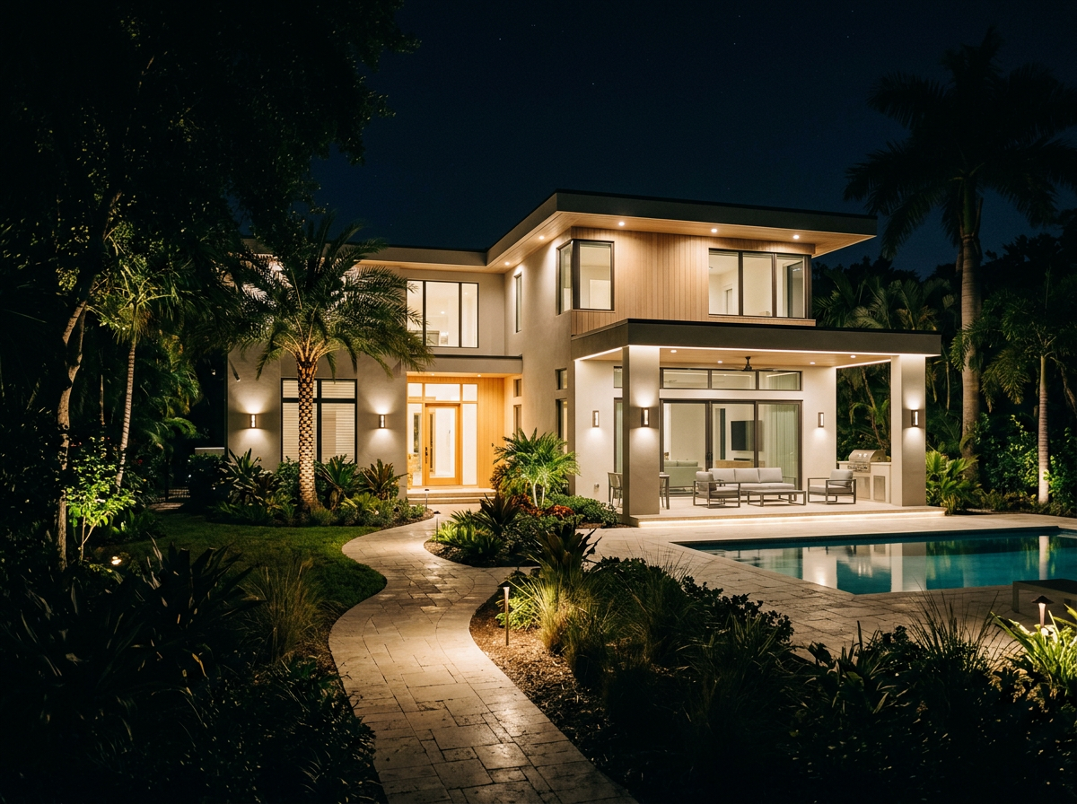Modern two-story house illuminated at night, featuring large windows, an outdoor patio with seating, a swimming pool, and lush landscaped garden with palm trees.