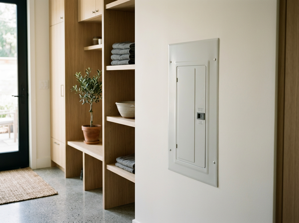 Entryway with wooden shelving for shoes and storage, a potted plant, a door with a glass panel, and an electrical panel on the wall.