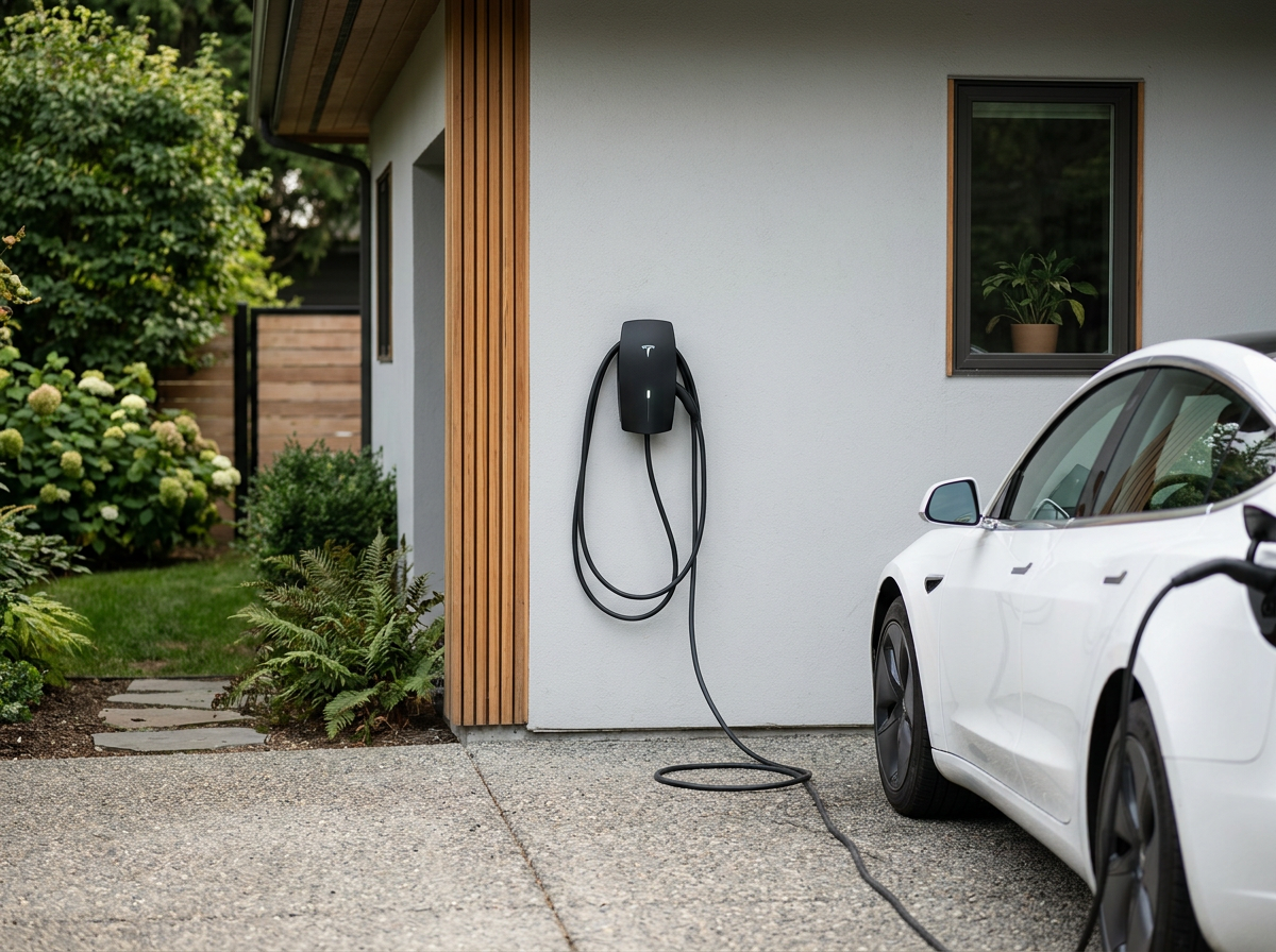 A white electric car charging at home using a wall-mounted charging station. The scene is outside a modern house with a small garden and a window with a potted plant.