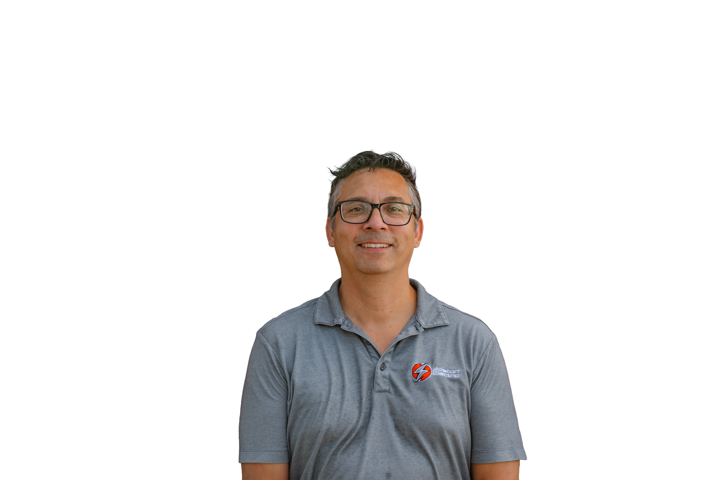 A smiling man with glasses and gray hair, wearing a gray polo shirt with a logo.