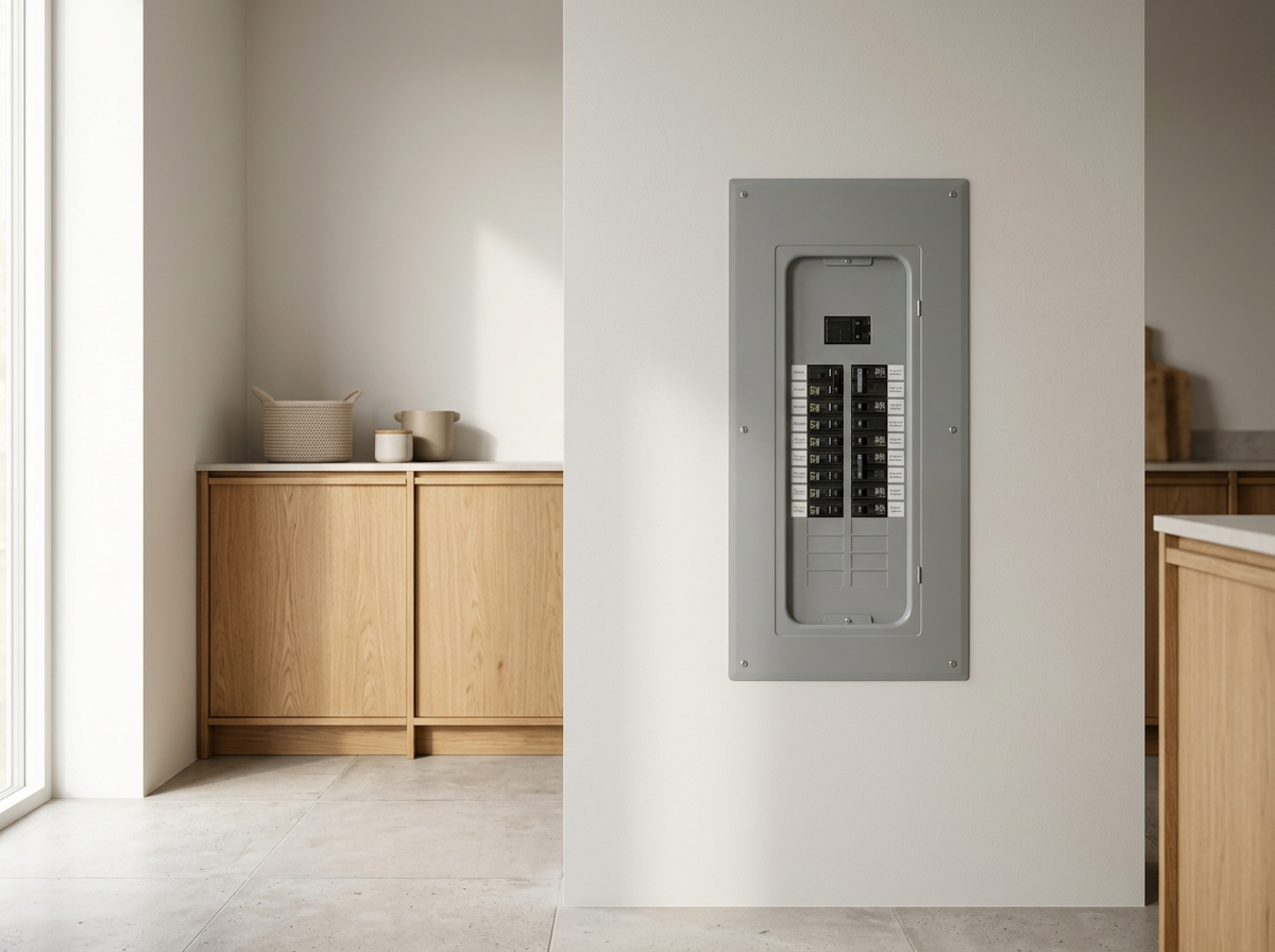 A modern home interior featuring a white wall with an electrical breaker panel and a wooden cabinet with beige baskets on top, near a large window or sliding glass door.