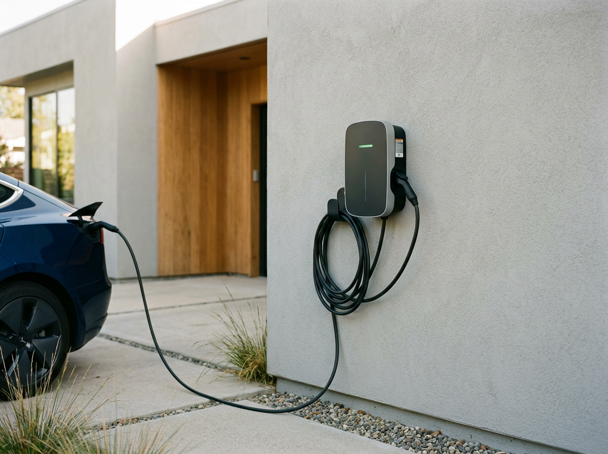 Electric vehicle charging station connected to a blue car parked in front of a modern house with a wooden entryway.