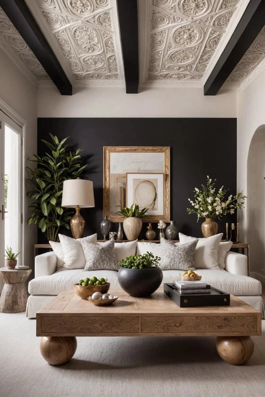Living room with white sofa, wooden coffee table, decorative vases, and framed artwork on the black accent wall, topped with a patterned ceiling, greenery, and neutral-toned decor.