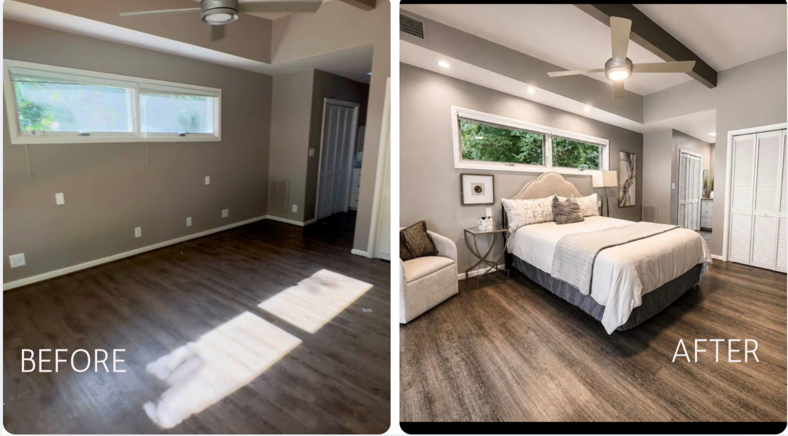 Comparison of a bedroom before and after renovation. The before side shows an empty room with beige walls, small horizontal windows, and dark wood flooring. The after side shows a decorated bedroom with a bed, pillows, side table, wrapped in neutral 