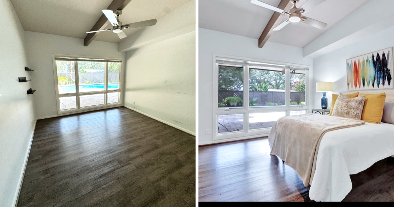 Comparison of two bedroom interiors: left side shows an empty room with a ceiling fan, large window, and dark wood flooring; right side shows a furnished bedroom with a bed, nightstand, lamp, colorful artwork, large window, and view of a backyard.