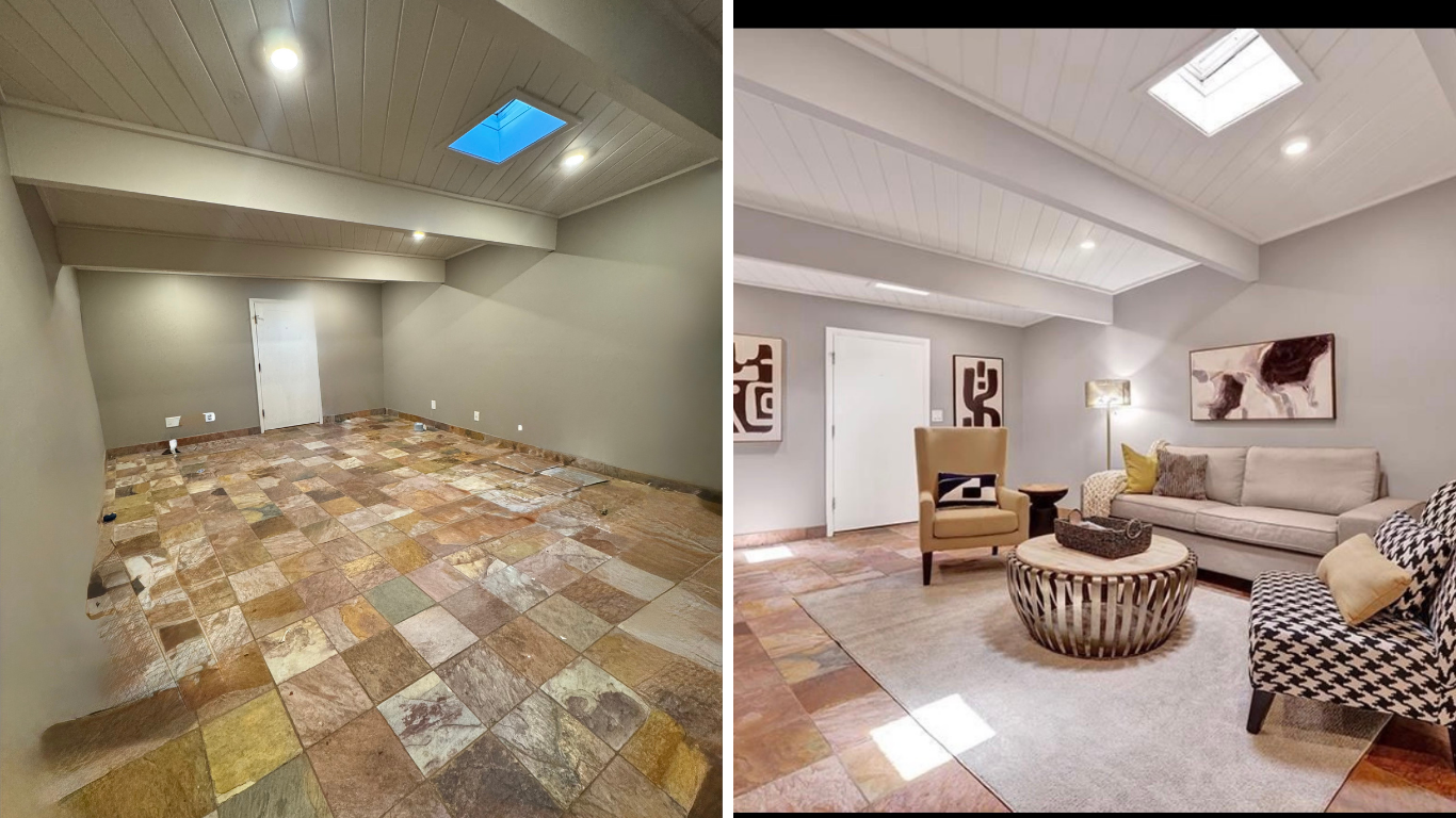 Side-by-side comparison of a basement before and after renovation. The left image shows an empty room with multicolored stone tile flooring, beige walls, and a ceiling with skylights and recessed lighting. The right image shows the same room furnishe