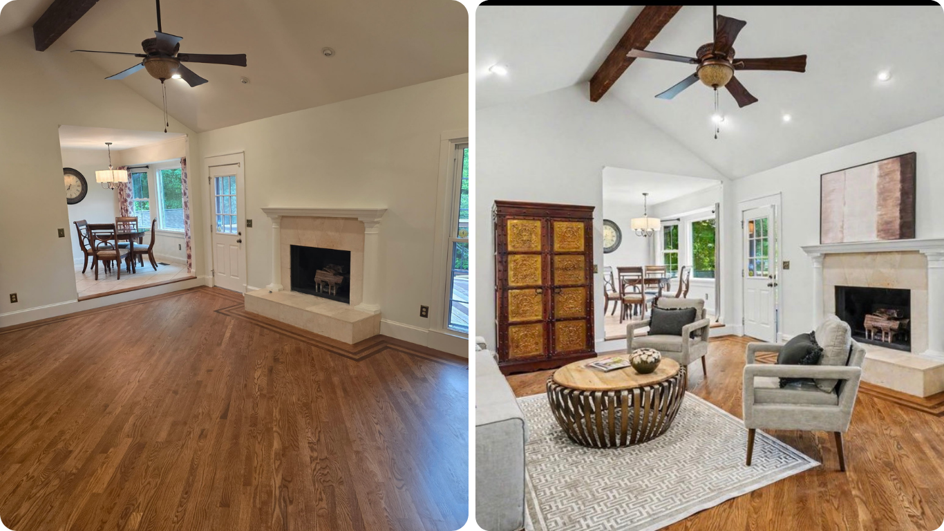 Before and after images of a living room makeover, showing a fireplace and hardwood floors, with furniture added in the after photo.