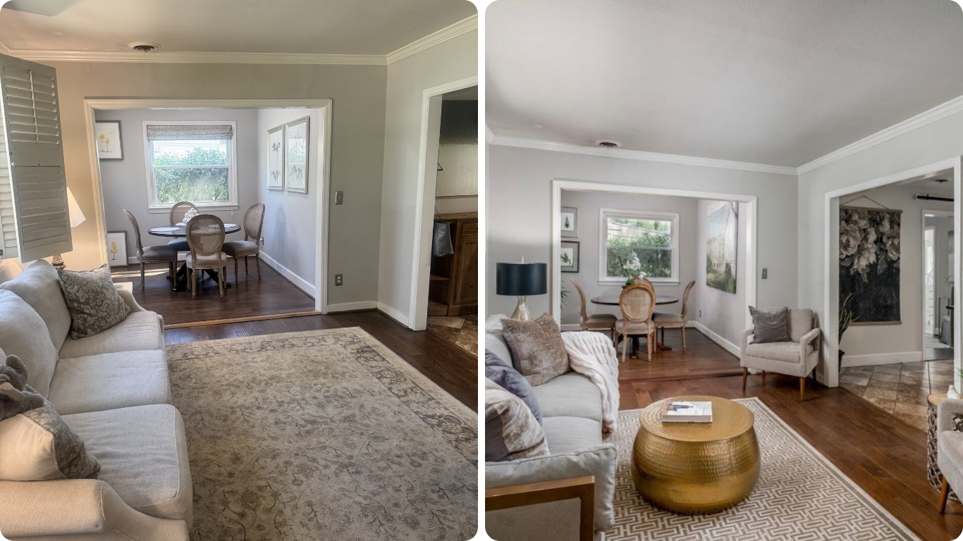 Comparison of two living room views showing a transition from an older, more traditional style with beige sofa, patterned pillows, and an area rug to a more modern, updated space with white sofa, gold accent table, and contemporary decor; both spaces