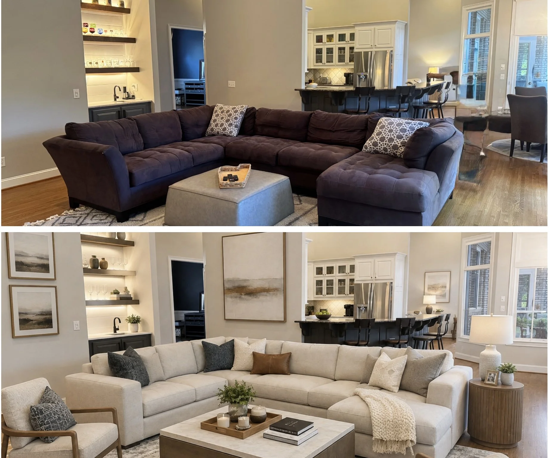 Comparison of two living room interior designs: the top shows a room with a dark purple sectional sofa, a light blue ottoman, and a kitchen with white cabinets and black bar stools; the bottom displays a room with a light beige sectional sofa, a wood