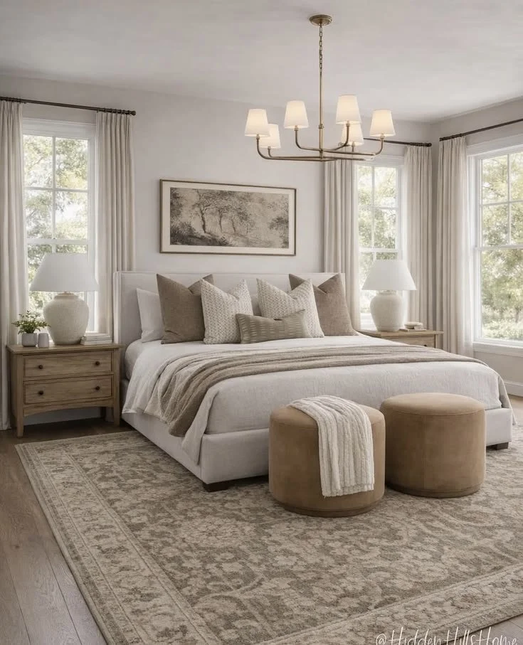 A cozy bedroom with a large bed, beige and white bedding, multiple pillows, two beige ottomans, a patterned area rug, nightstands with lamps, and windows with curtains. A chandelier hangs from the ceiling.