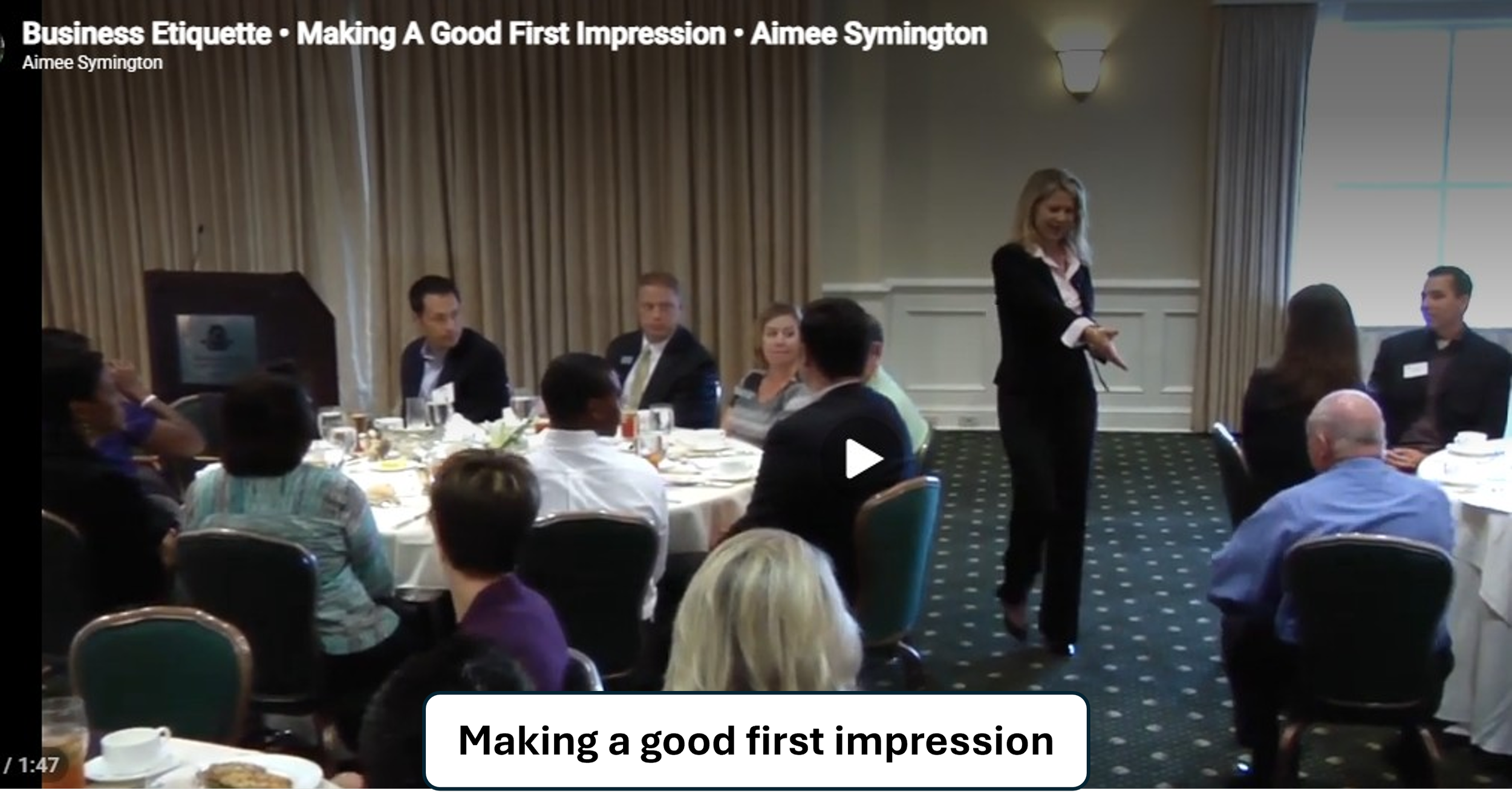 Etiquette expert and keynote speaker Aimee Symington discusses making a good first impression, workplace etiquette, professional presence and business communication in this TV interview. Discover practical tips for making a confident, polished and pr
