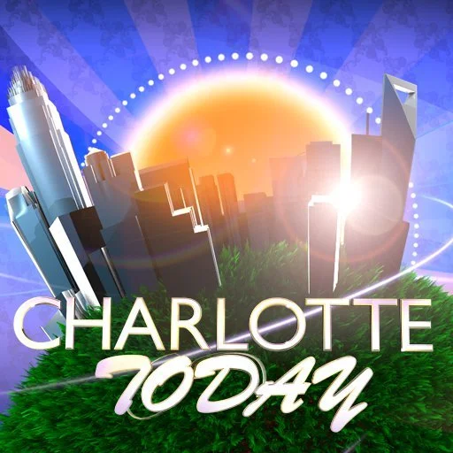 Illustration of the Charlotte skyline with a sunset, green grass foreground, and city buildings highlighted by sunlight.