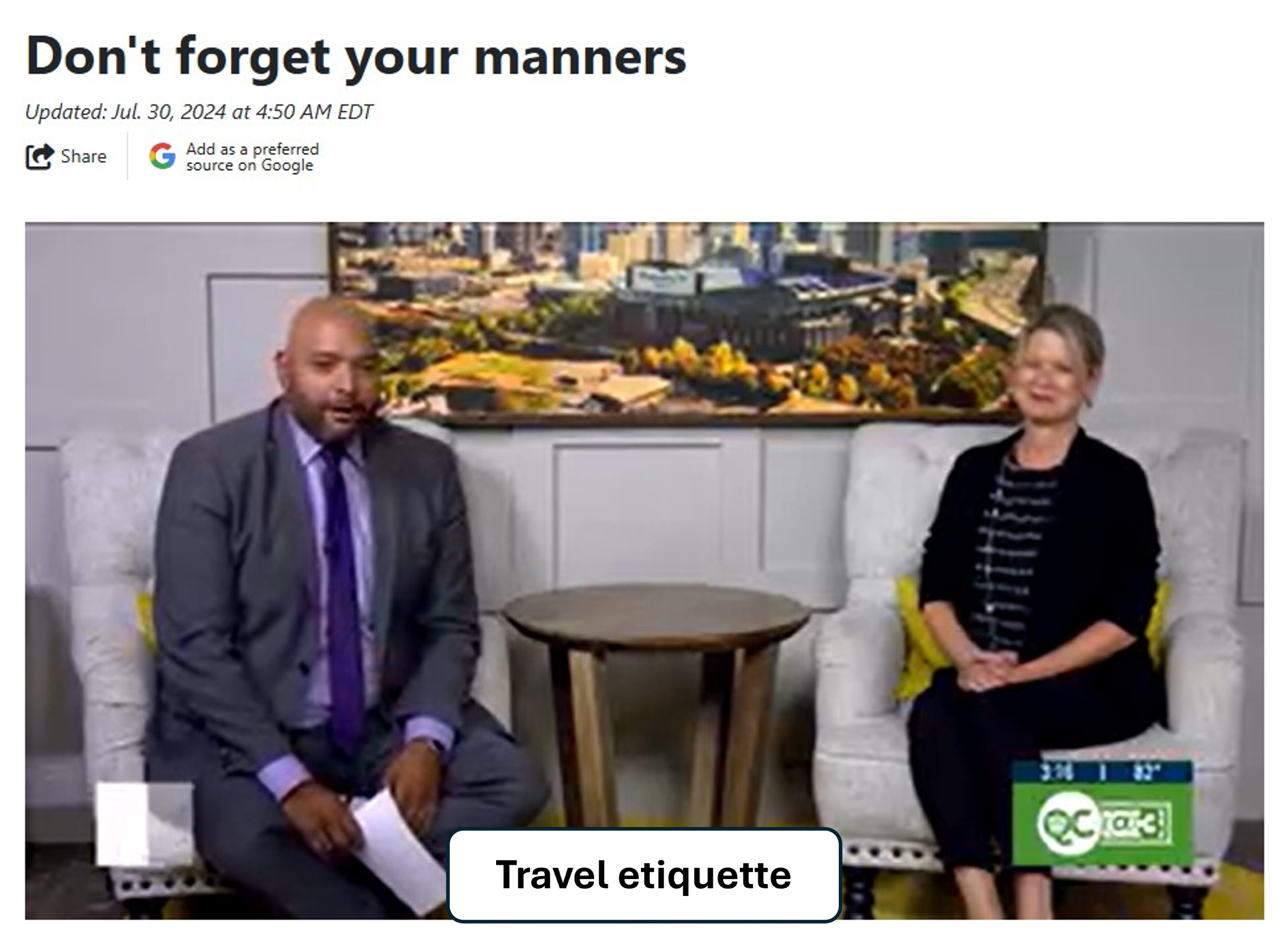Etiquette expert and keynote speaker Aimee Symington discusses travel etiquette, workplace etiquette, professional presence and business communication in this TV interview. Discover practical tips for making a confident, polished and professional imp