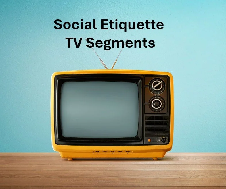 A vintage yellow television on a wooden surface with a light blue wall background, displaying text that says 'Social Etiquette TV Segments'.