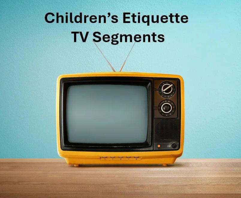 A vintage yellow television set on a wooden surface with a light blue wall background. The TV has dials on the right side and an antenna on top. Above the TV, there is black text that says, "Children’s Etiquette TV Segments."