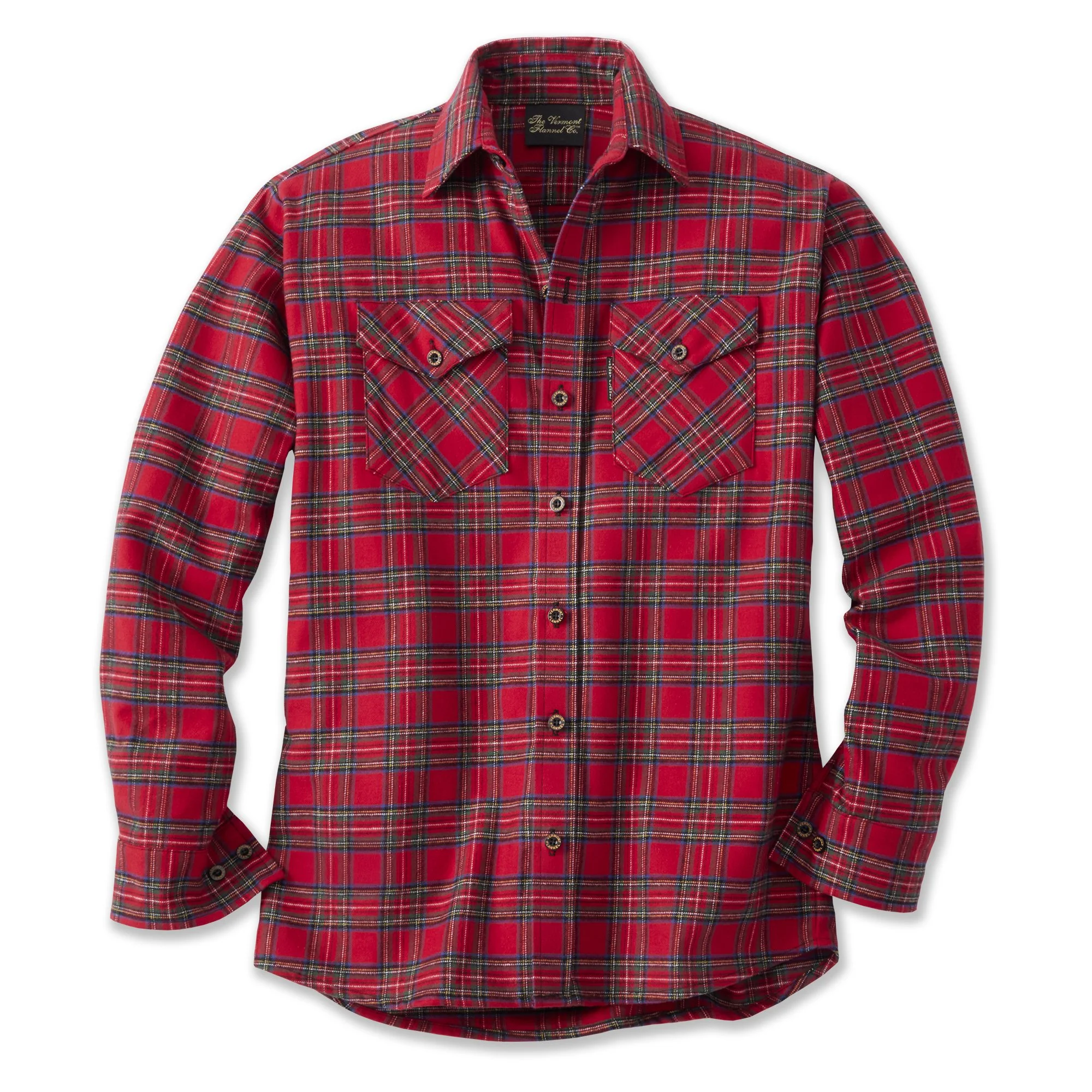 Red plaid long-sleeve button-up shirt with chest pockets.
