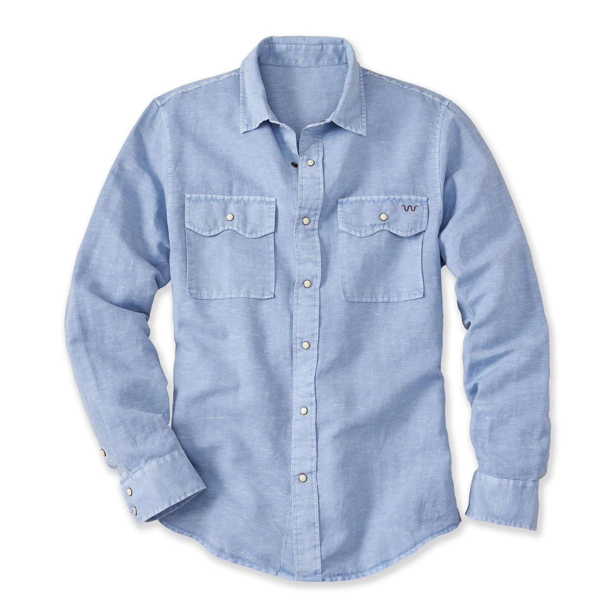 Light blue denim long-sleeve button-up shirt with two chest pockets against a white background.