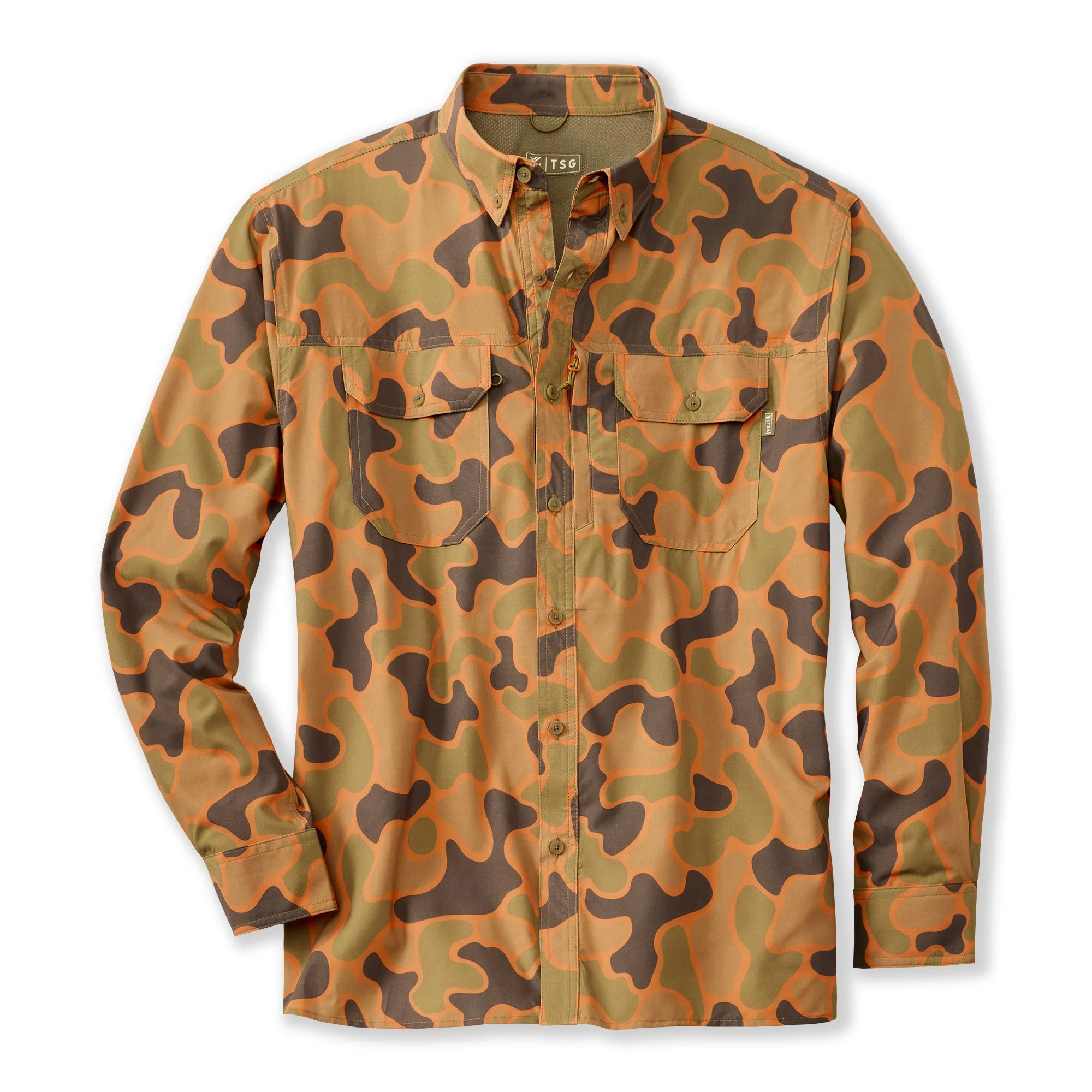 A long-sleeve button-up shirt with a woodland camouflage pattern in shades of green, brown, and orange.