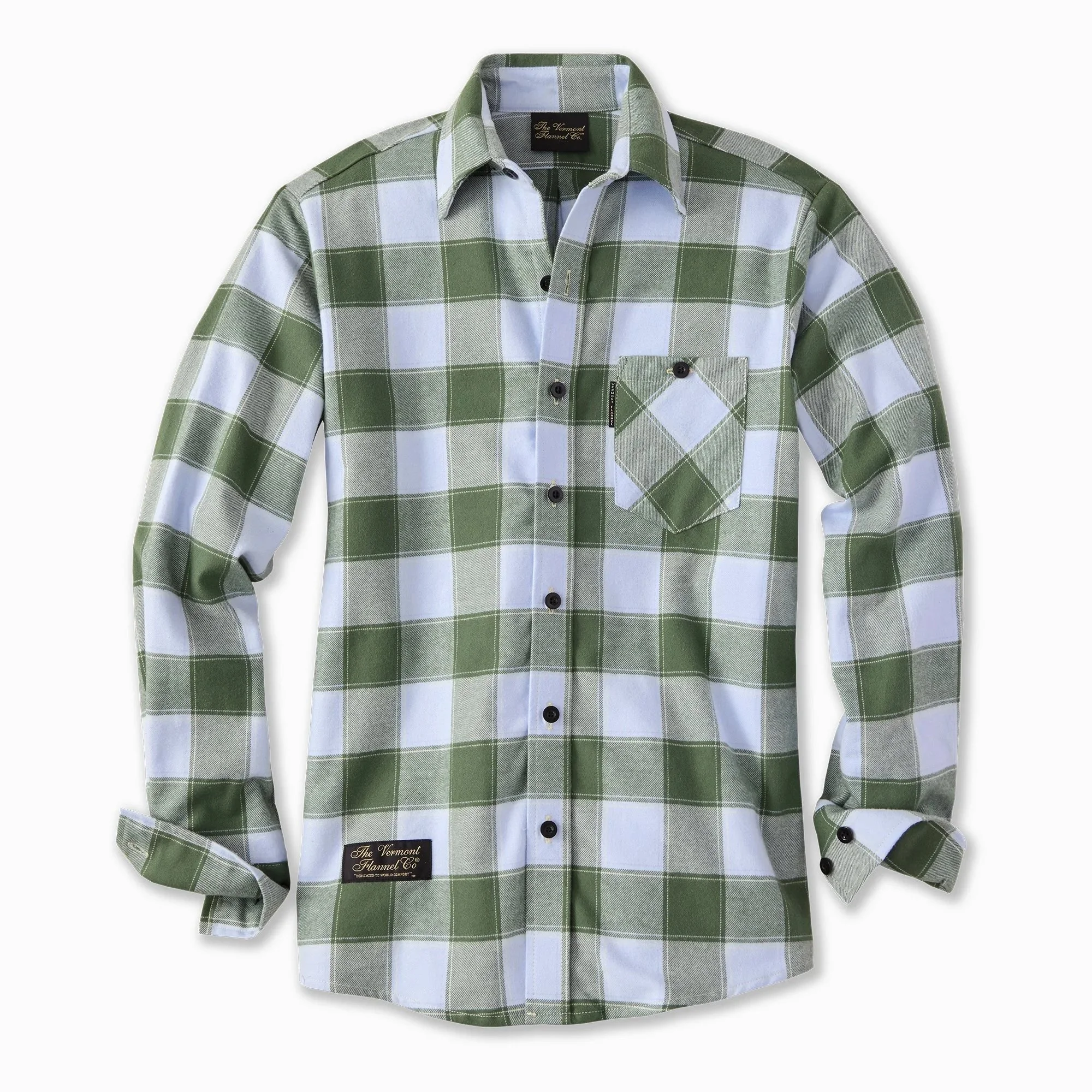 Green and white plaid button-up shirt with a front pocket, spread collar, and black buttons.