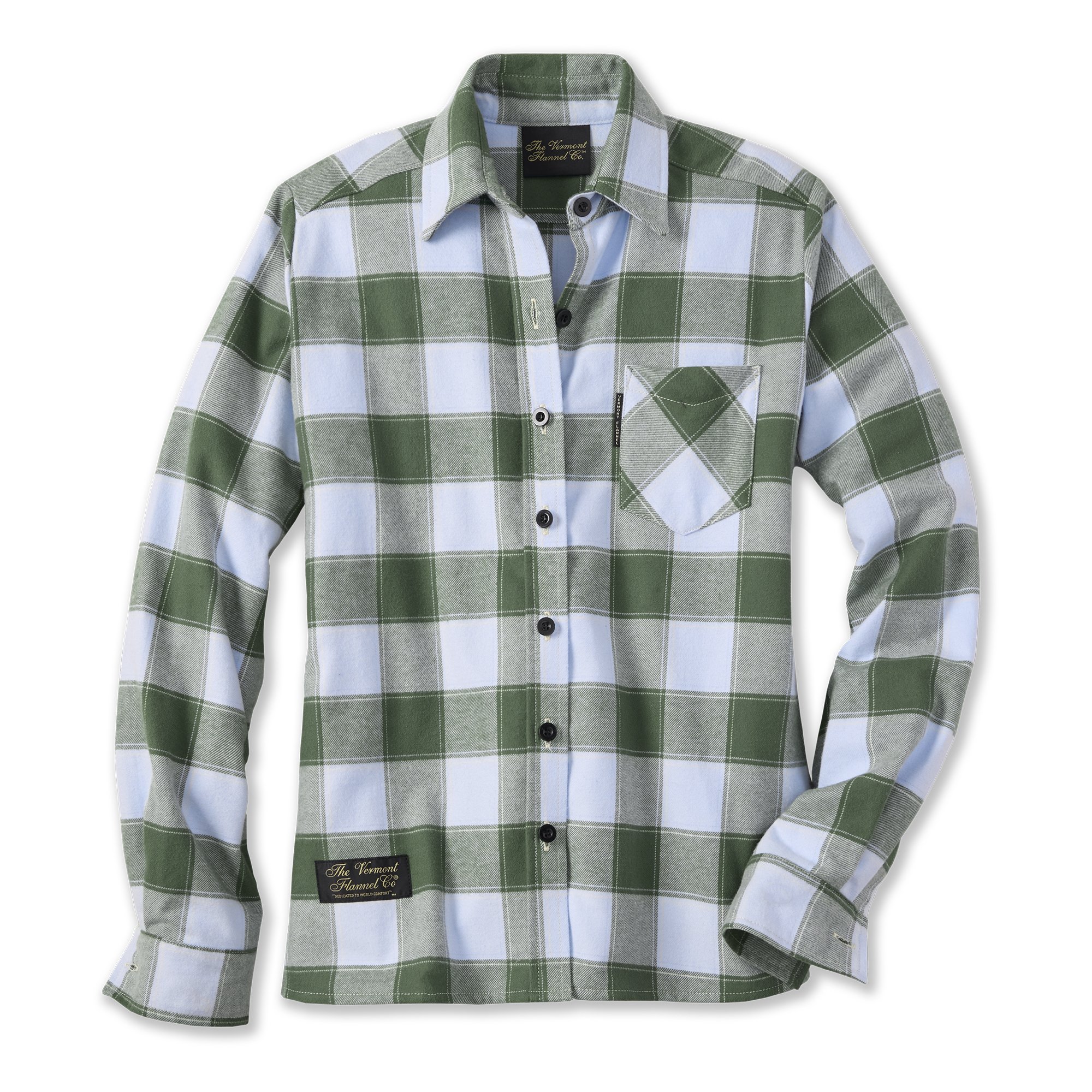 A green and white plaid button-up shirt with a chest pocket and a label that reads "The Vermont Flannel Co."