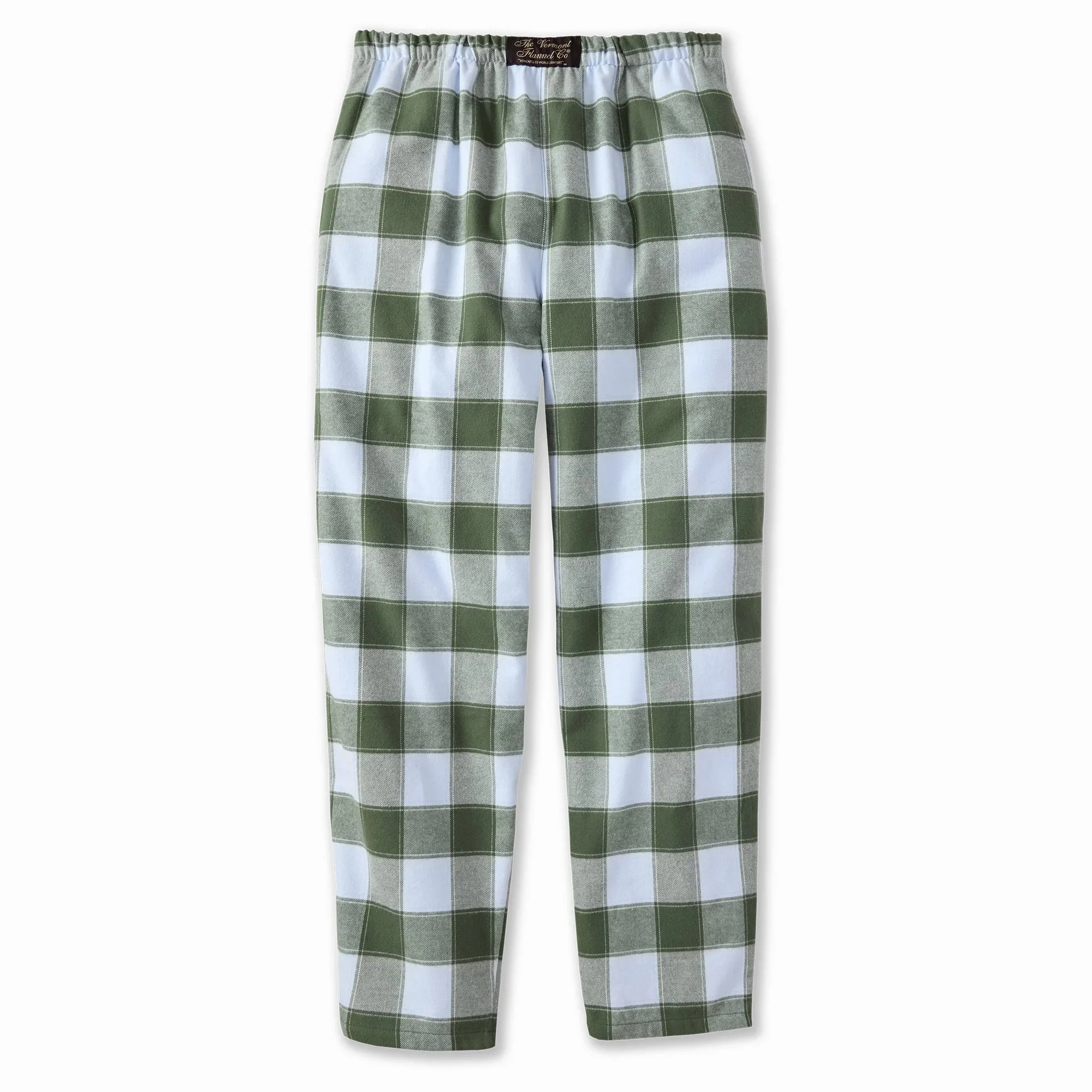 Green and white checkered pajama pants with elastic waistband labeled 'The Vermont Flannel Co.'.