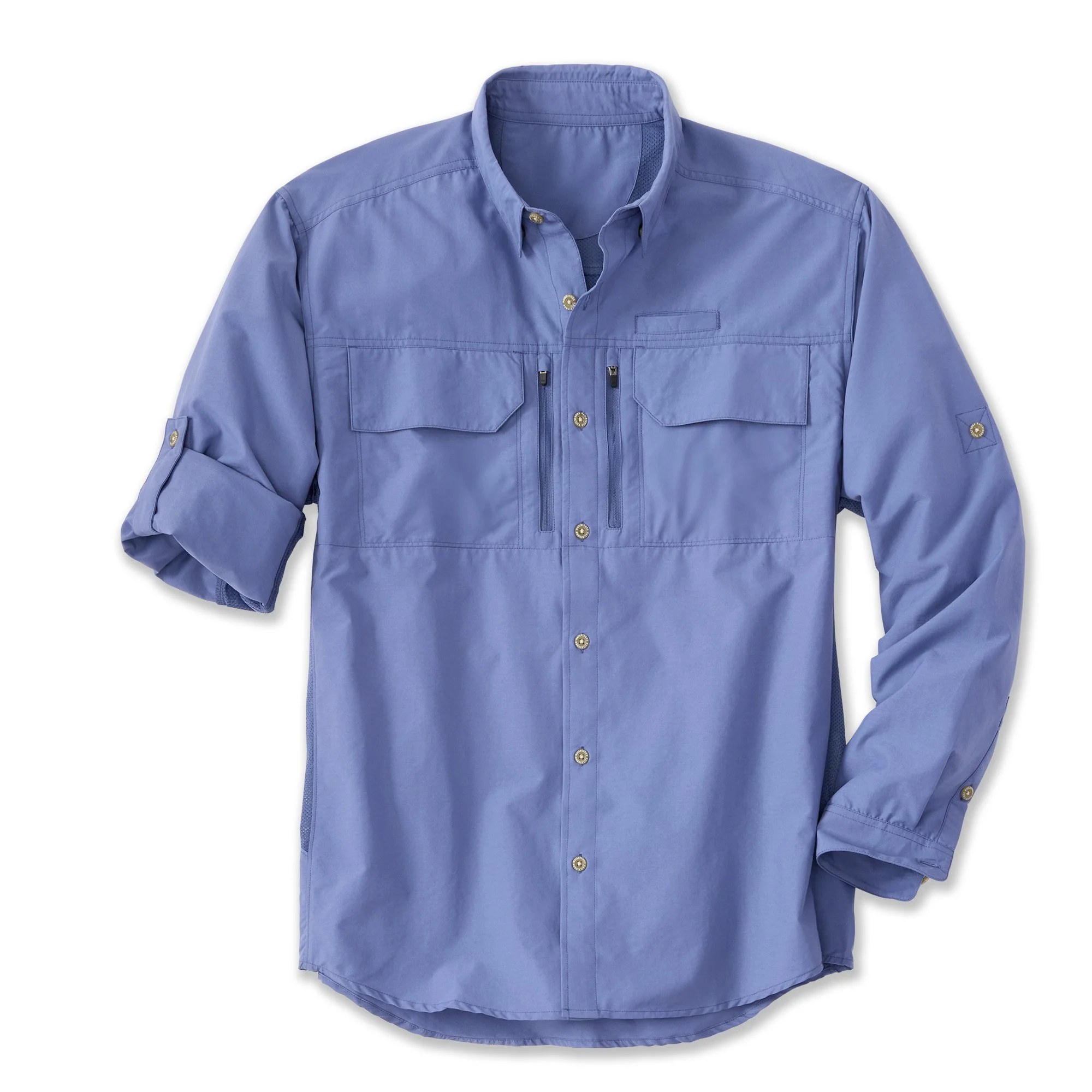 Blue button-up shirt with chest pockets, long sleeves rolled up, and a collar.
