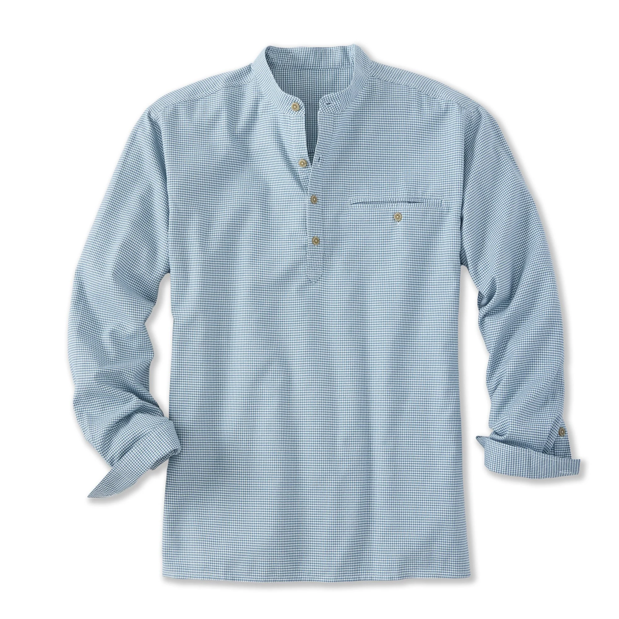 Light blue and white checked button-down shirt with a mandarin collar and a chest pocket, laid flat on a white surface.