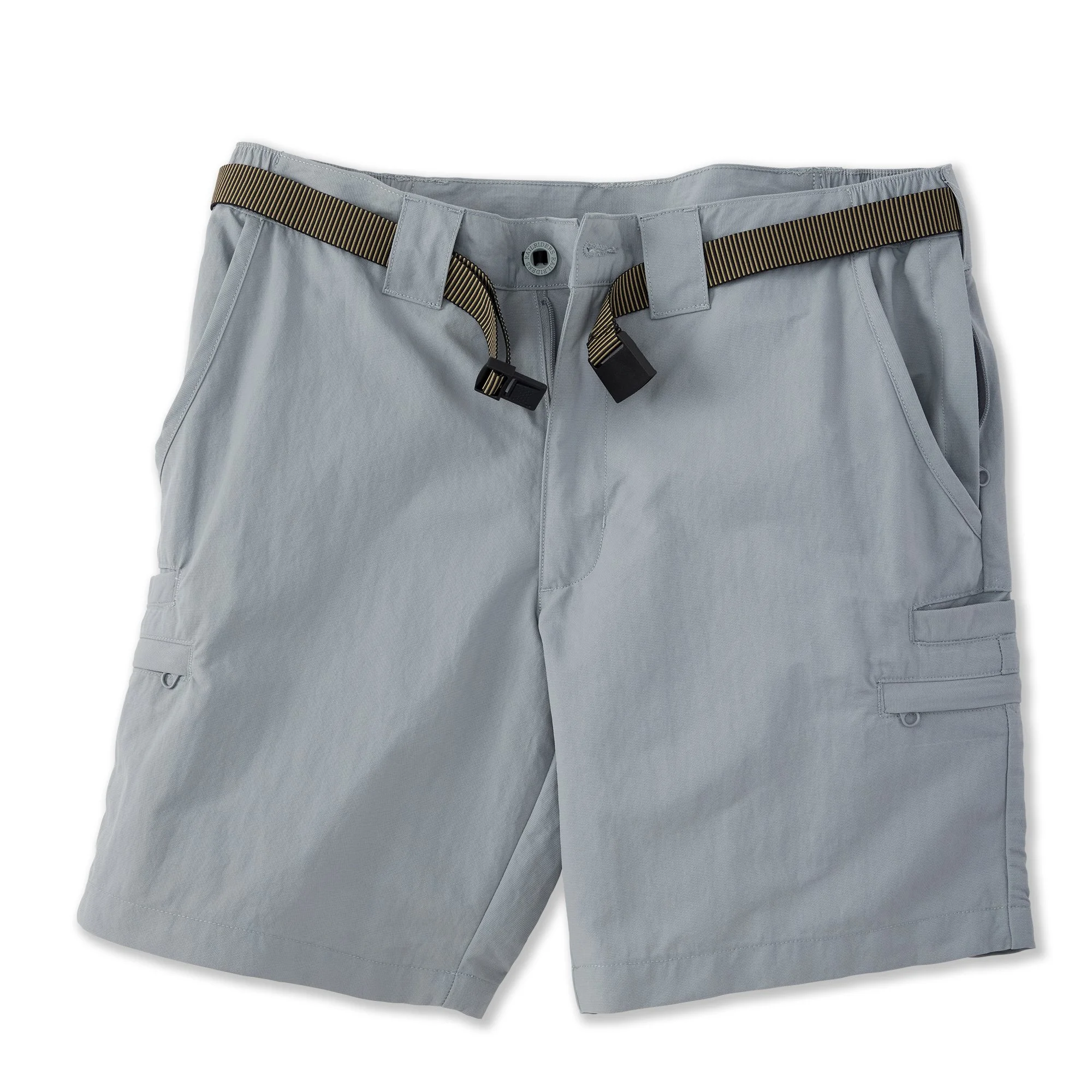 A pair of light gray men's shorts with a black and brown striped belt.