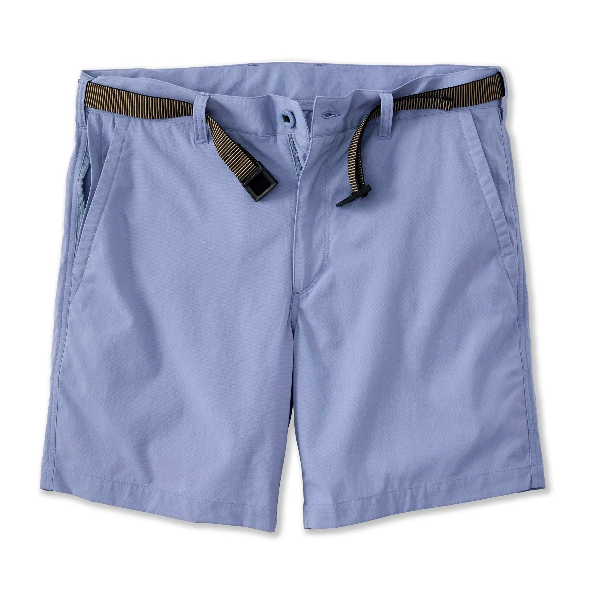 Pair of light blue shorts with black and beige striped belt.
