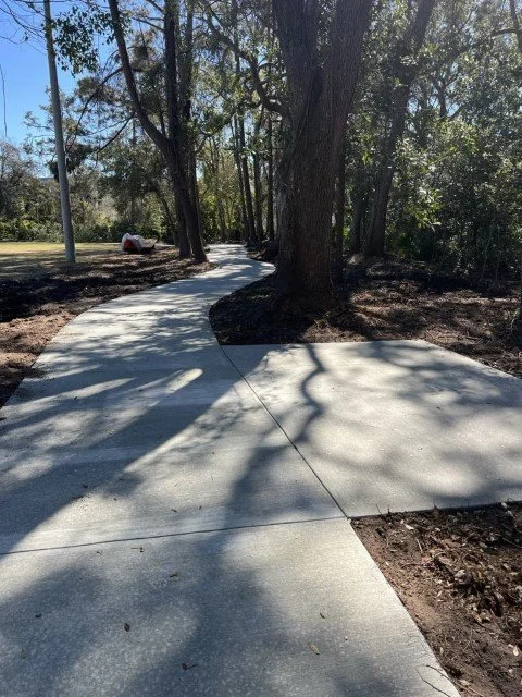 Newly paved concrete sidewalk winding through a wooded park area, with trees and shadows.