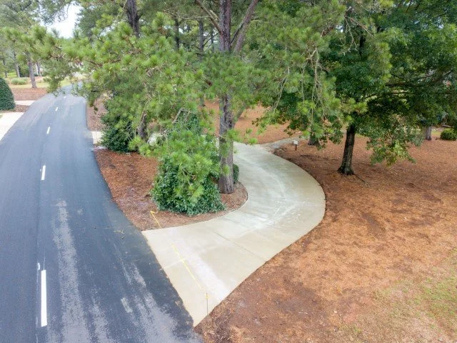A concrete sidewalk curves around a large tree in a landscaped area with mulch and other trees, adjacent to a paved road.