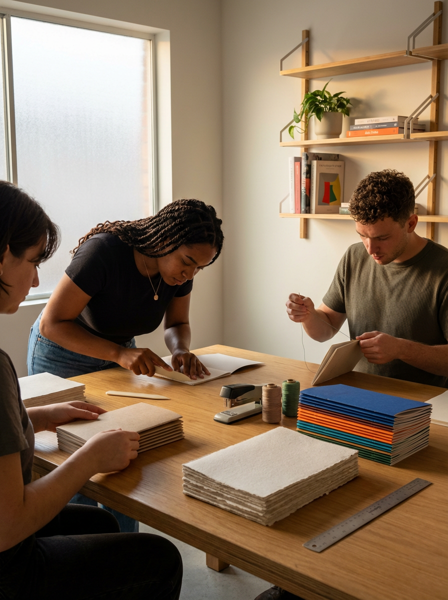 Three people working together at a wooden table in a bright room, sorting and organizing packages and supplies for a craft or business project.