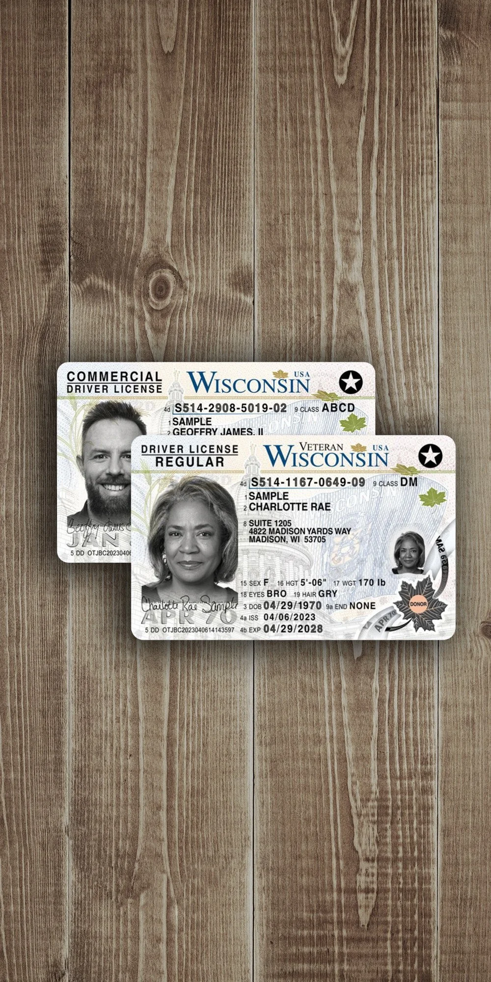 Two Wisconsin driver licenses, one for a man with a beard and one for a woman with gray hair, placed on a wooden surface.