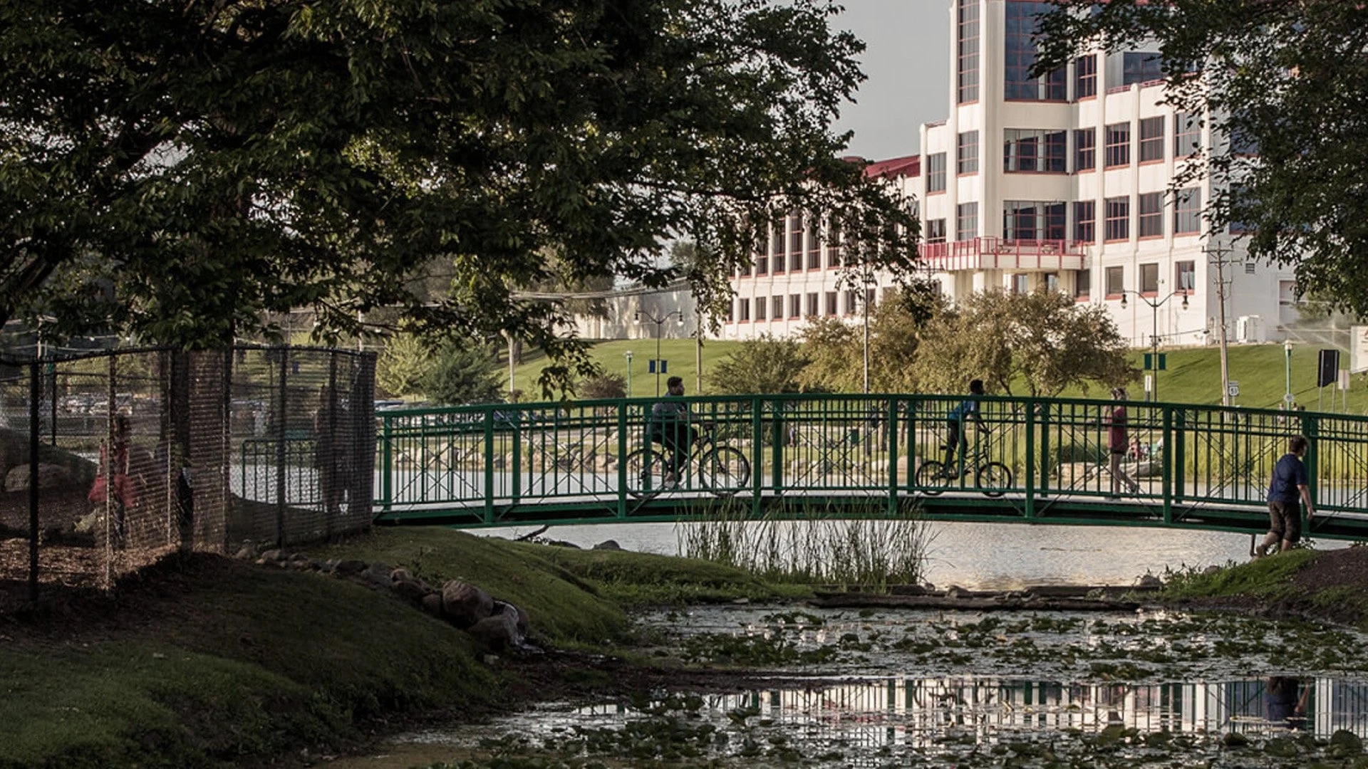 People cycling and walking across a green footbridge over a small pond near a large modern white building with red accents, trees, and a landscaped park area.