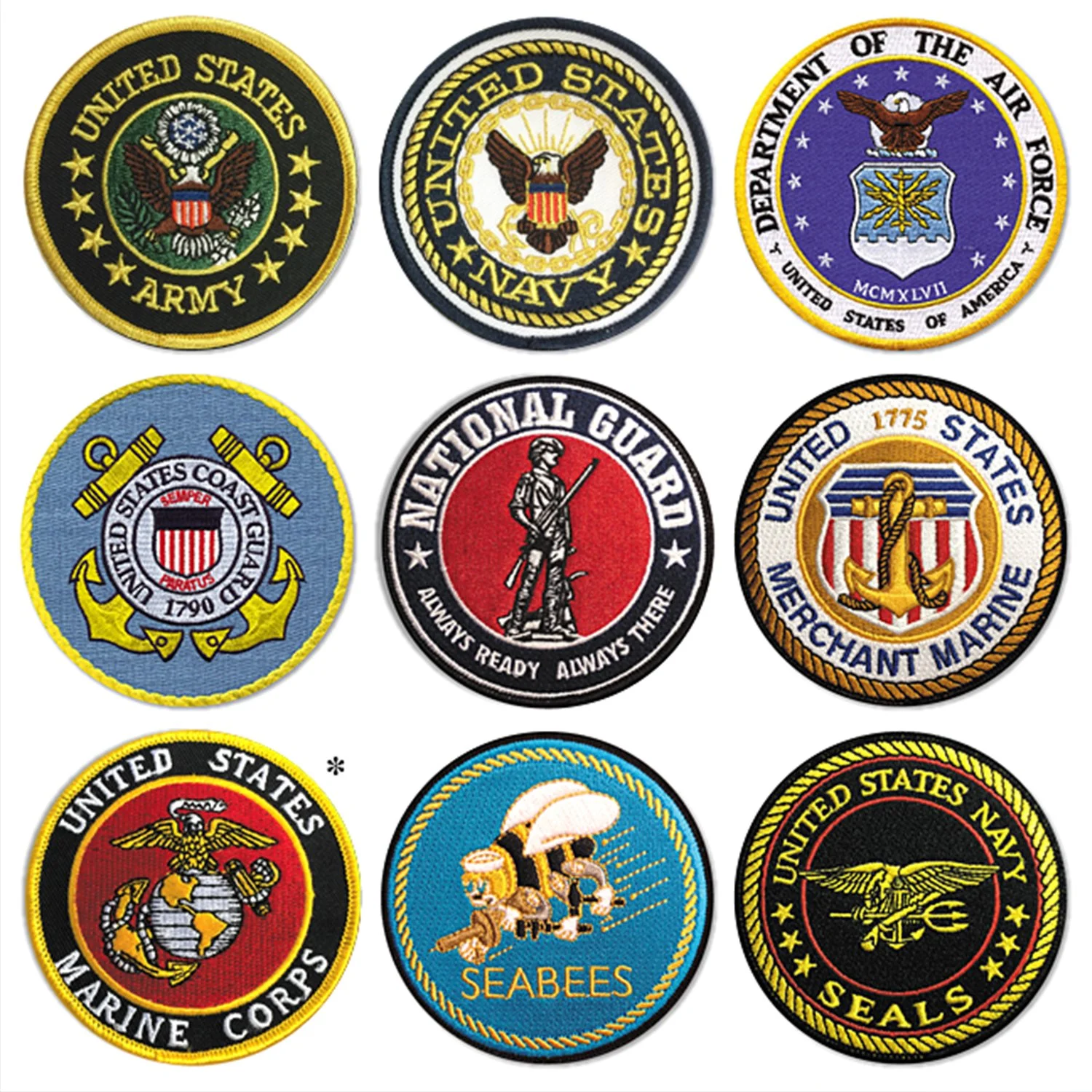 A collection of military and maritime patches, including patches from the United States Army, Navy, Air Force, Marine Corps, Coast Guard, Merchant Marine, and SEABEES.