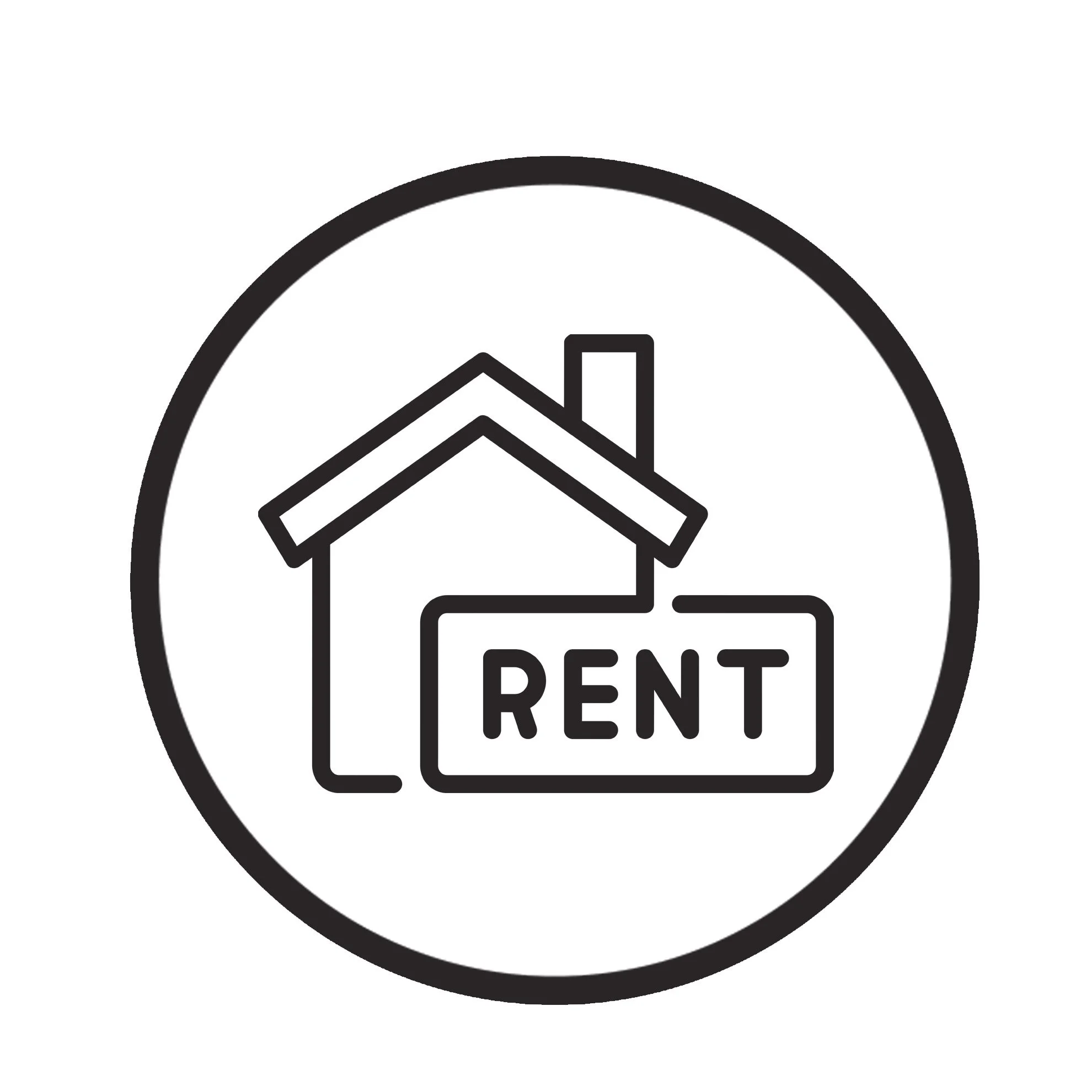 Black and white icon representing a house with a roof and chimney, encircled by a border, and the word 'RENT' inside the house.