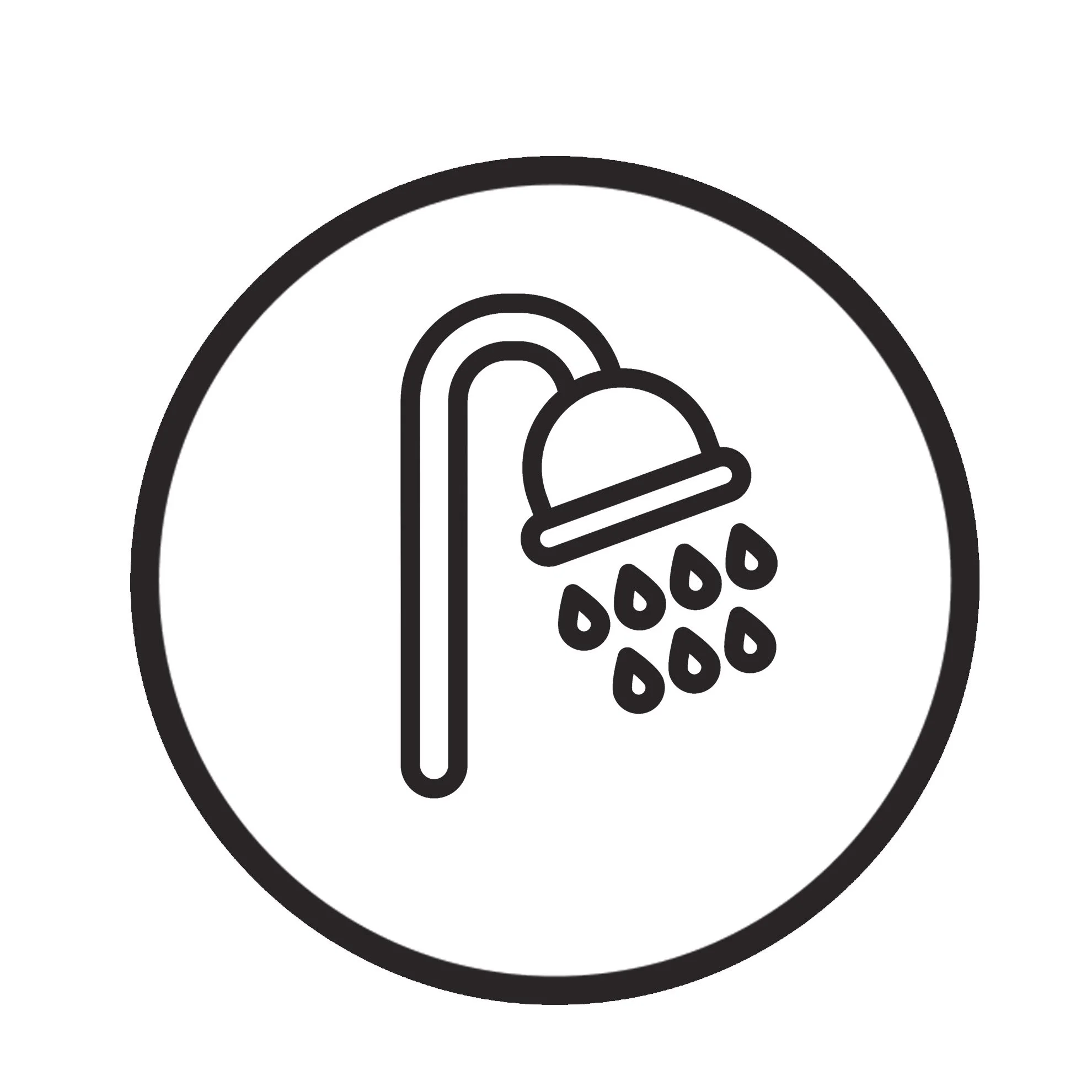 A simple black and white line drawing of a showerhead releasing water droplets.
