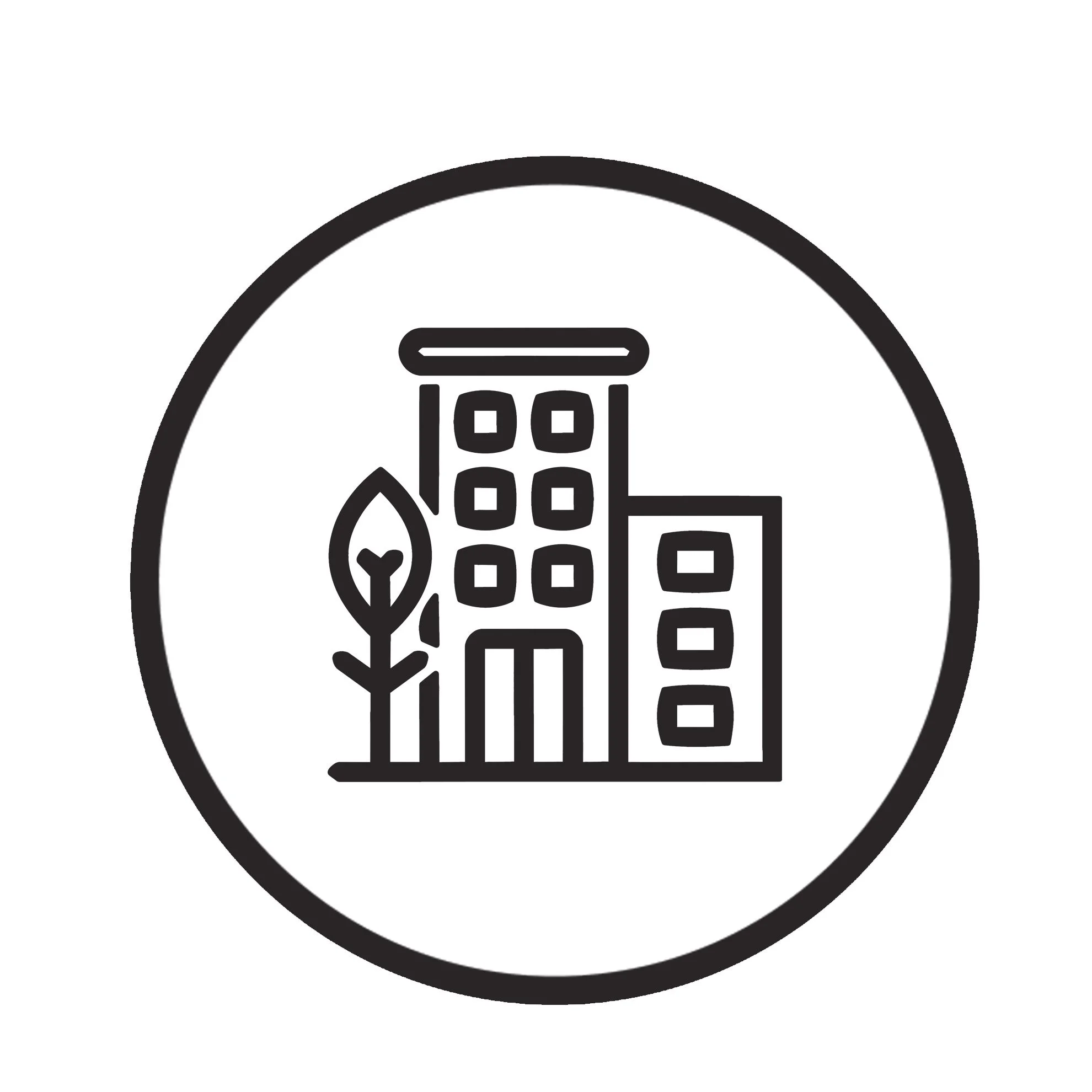 Black and white icon of a city skyline with a leaf in front of it, enclosed in a circle.