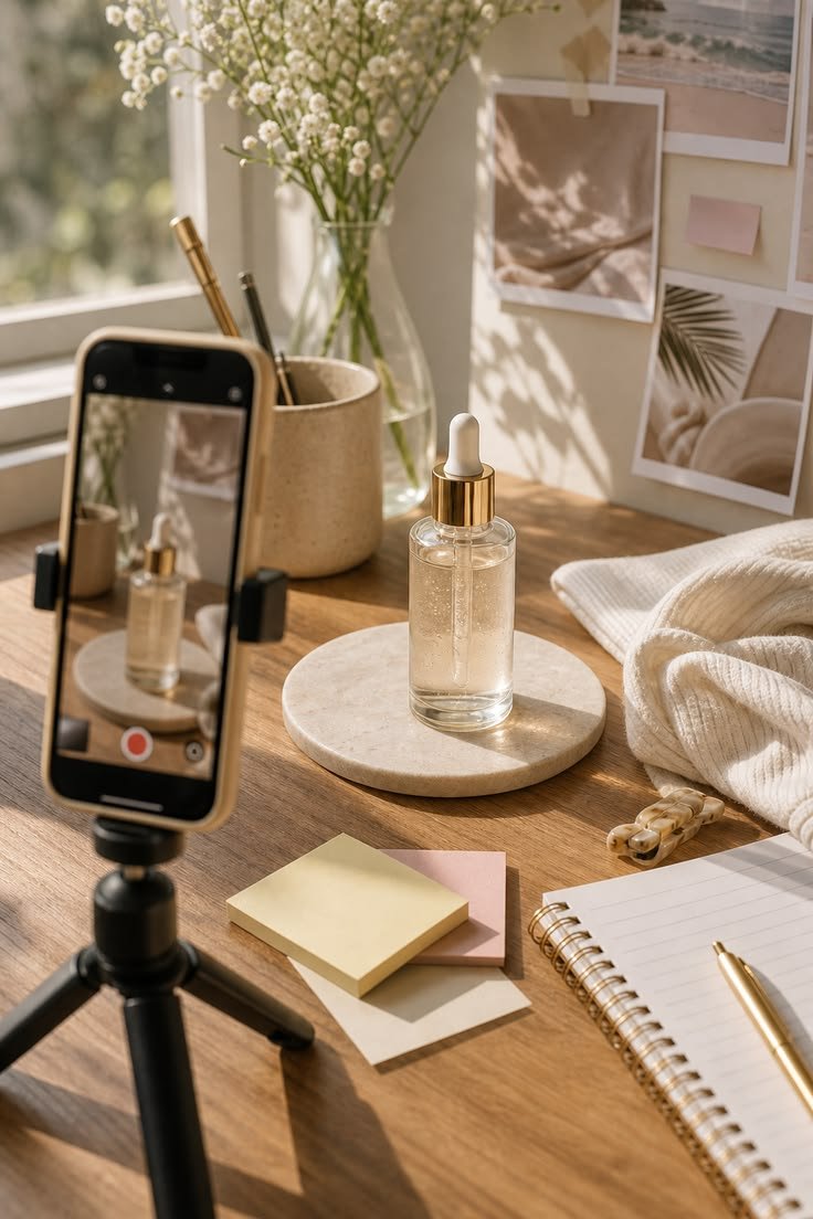 Close-up of a desk with a smartphone on a tripod capturing a skincare bottle, notepad, pen, sticky notes, hair clip, and decorative items like a vase with white flowers and photos on a wall.