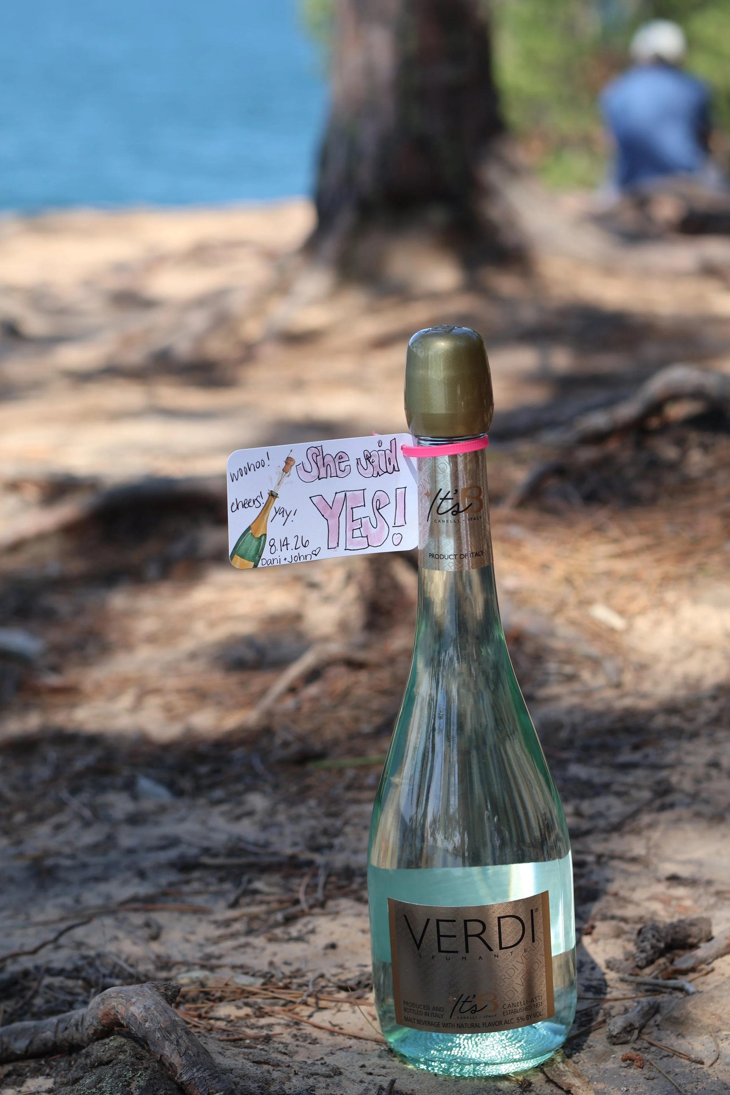 A clear glass bottle of Verdi sparkling water placed on dry, rocky ground near a lake or river with trees in the background. There is a handwritten note attached to the bottle with a pink hair tie, celebrating a wedding proposal with words like 'she 