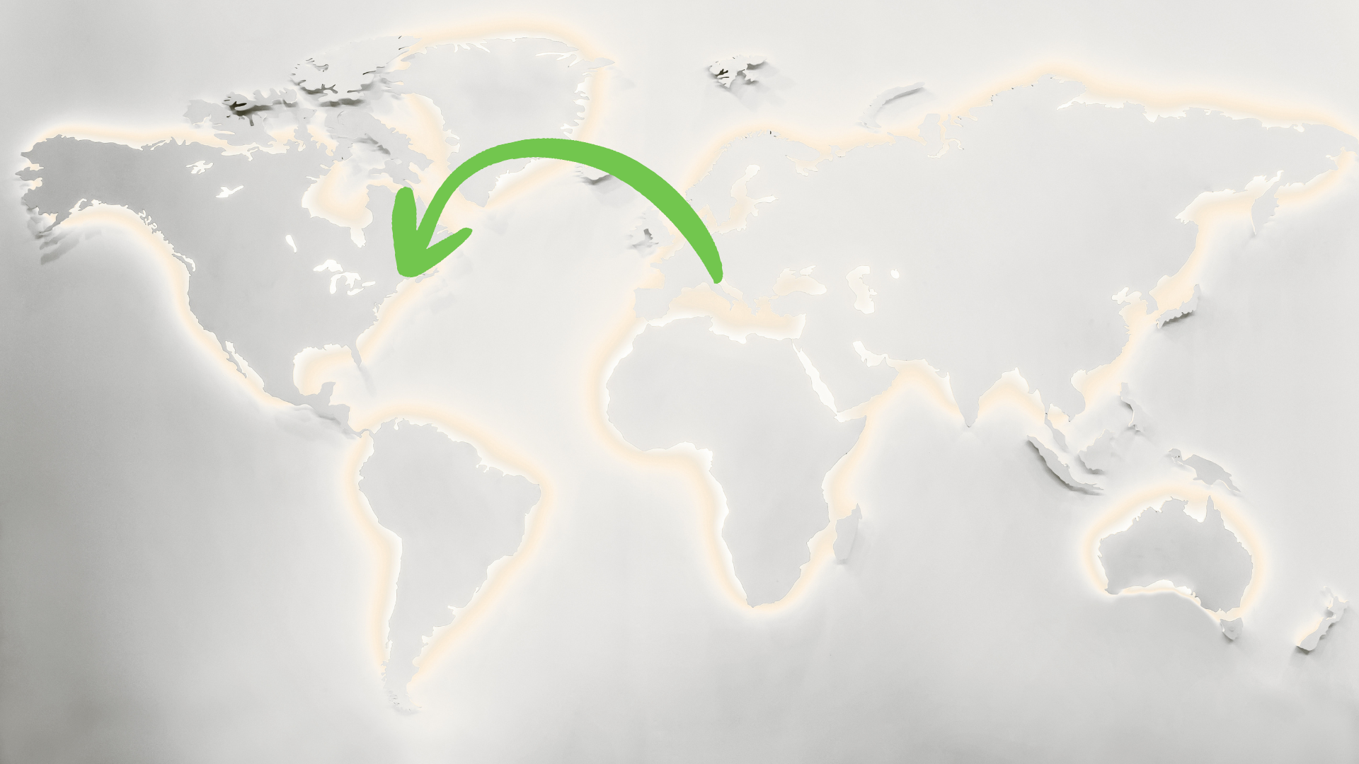 Flat white world map with illuminated border and a green arrow pointing from the USA to Europe to showcase the international reach of Donna Robinson Esq. LLM's legal experience